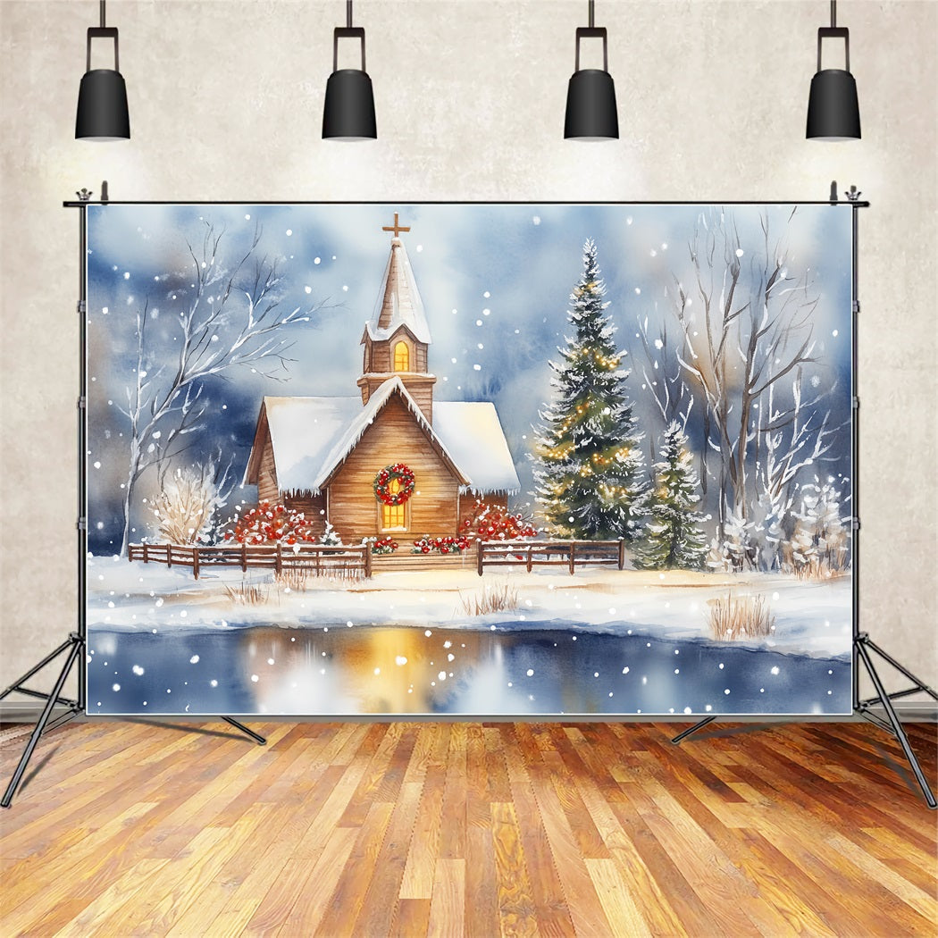 Weihnachts-Kirchenhintergrund Verschneite Kapelle Spiegelung am See Weihnachtshintergründe LXX59-185