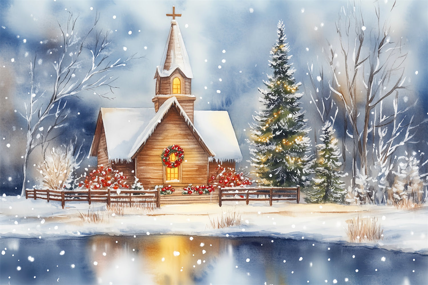 Weihnachts-Kirchenhintergrund Verschneite Kapelle Spiegelung am See Weihnachtshintergründe LXX59-185