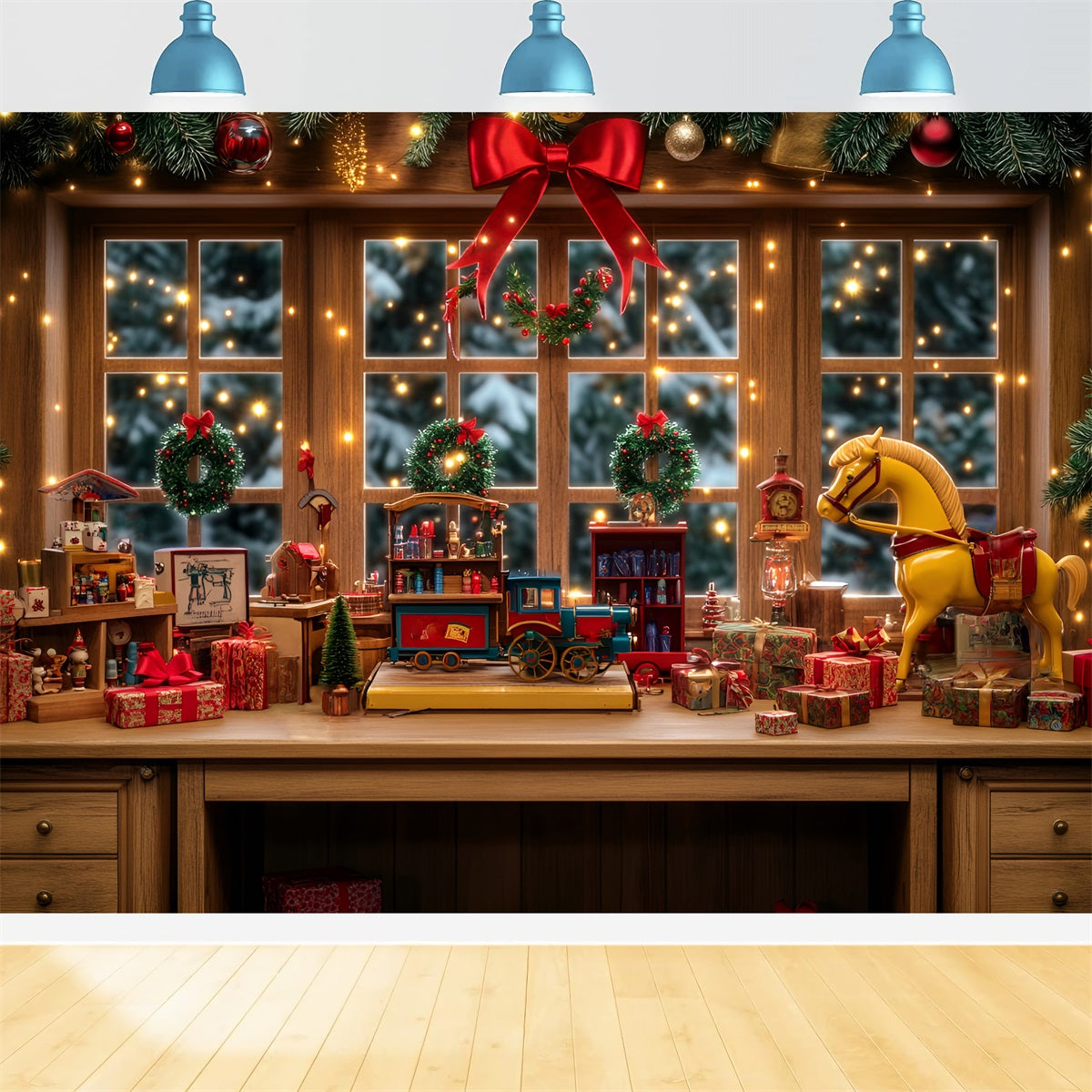 Spielzeugladen-Fotohintergrund Spielzeugwerkstatt Schaufensterauslage Weihnachtshintergrund LXX59-191