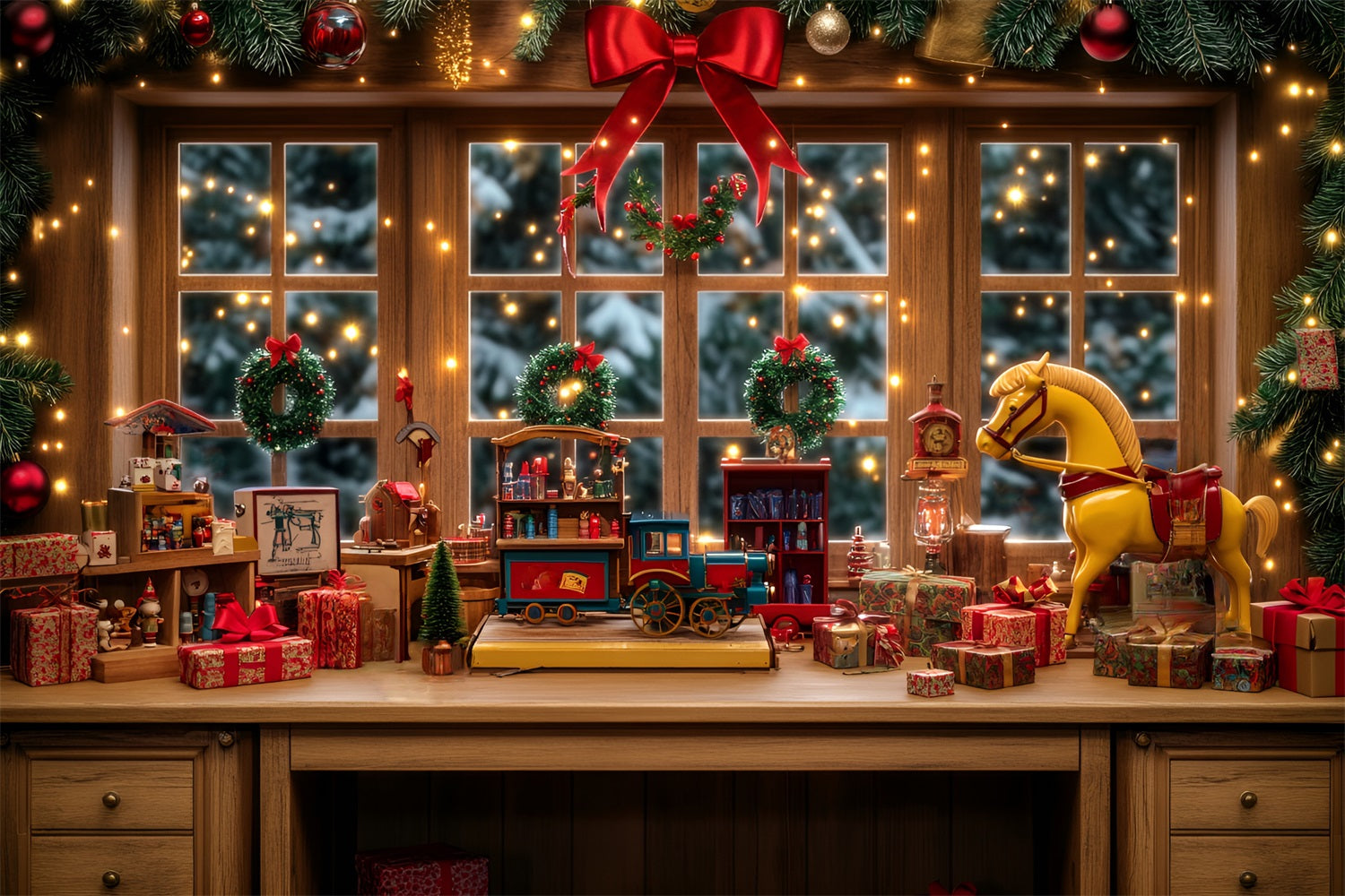 Spielzeugladen-Fotohintergrund Spielzeugwerkstatt Schaufensterauslage Weihnachtshintergrund LXX59-191