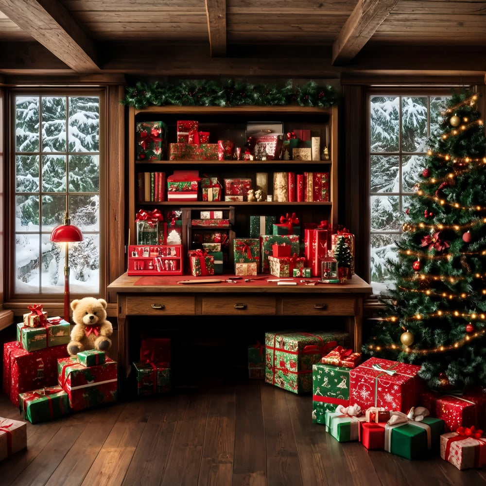 Weihnachtsmann-Fotohintergrund Geschenkverpackung Gemütliches Arbeitszimmer Weihnachtshintergründe für Fotos LXX59-195
