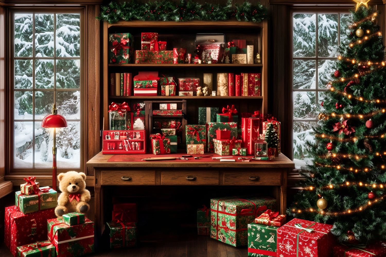 Weihnachtsmann-Fotohintergrund Geschenkverpackung Gemütliches Arbeitszimmer Weihnachtshintergründe für Fotos LXX59-195
