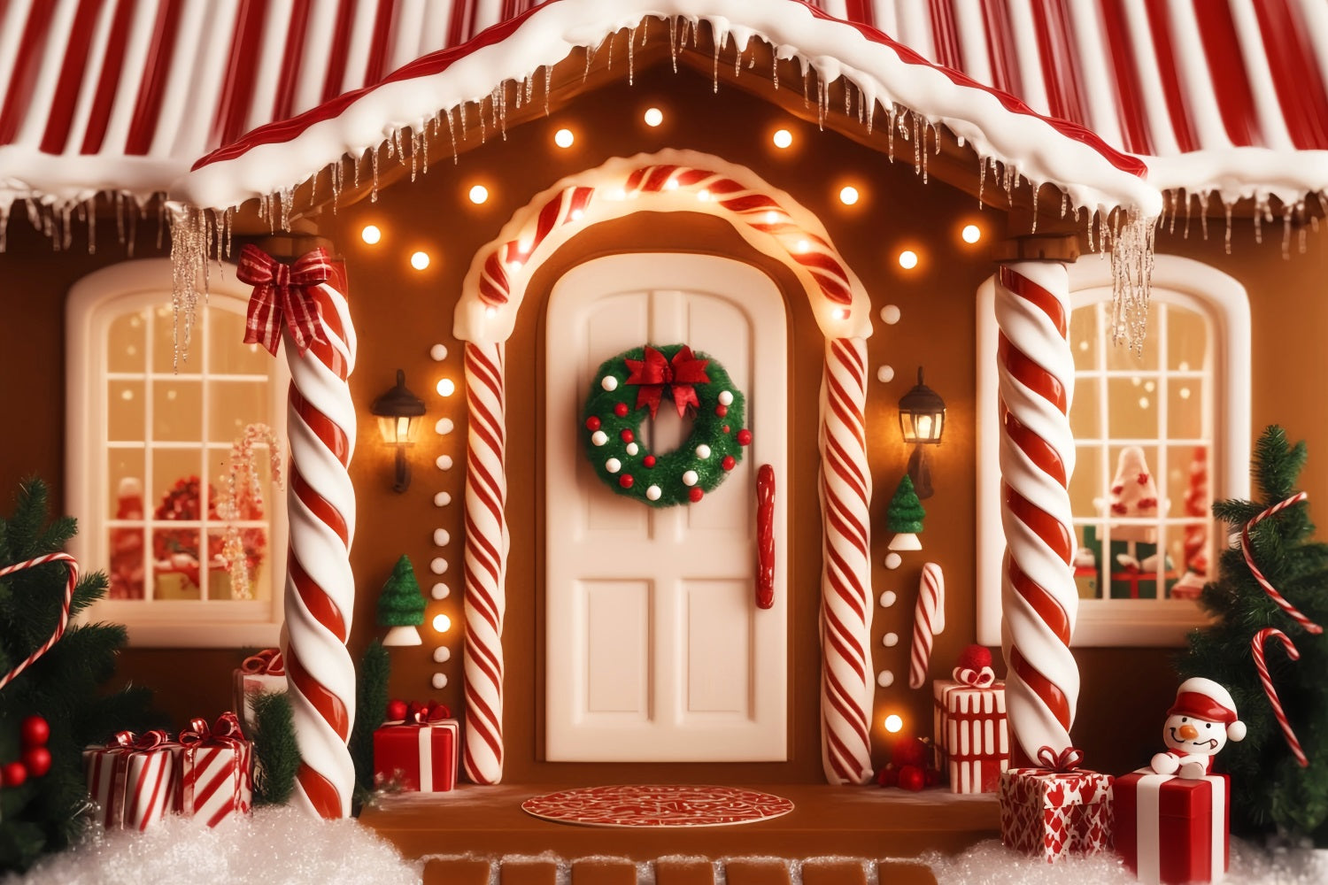 Lebkuchenhaus-Fotohintergrund Zuckerstange Lebkuchen Veranda Weihnachtshintergründe LXX59-197