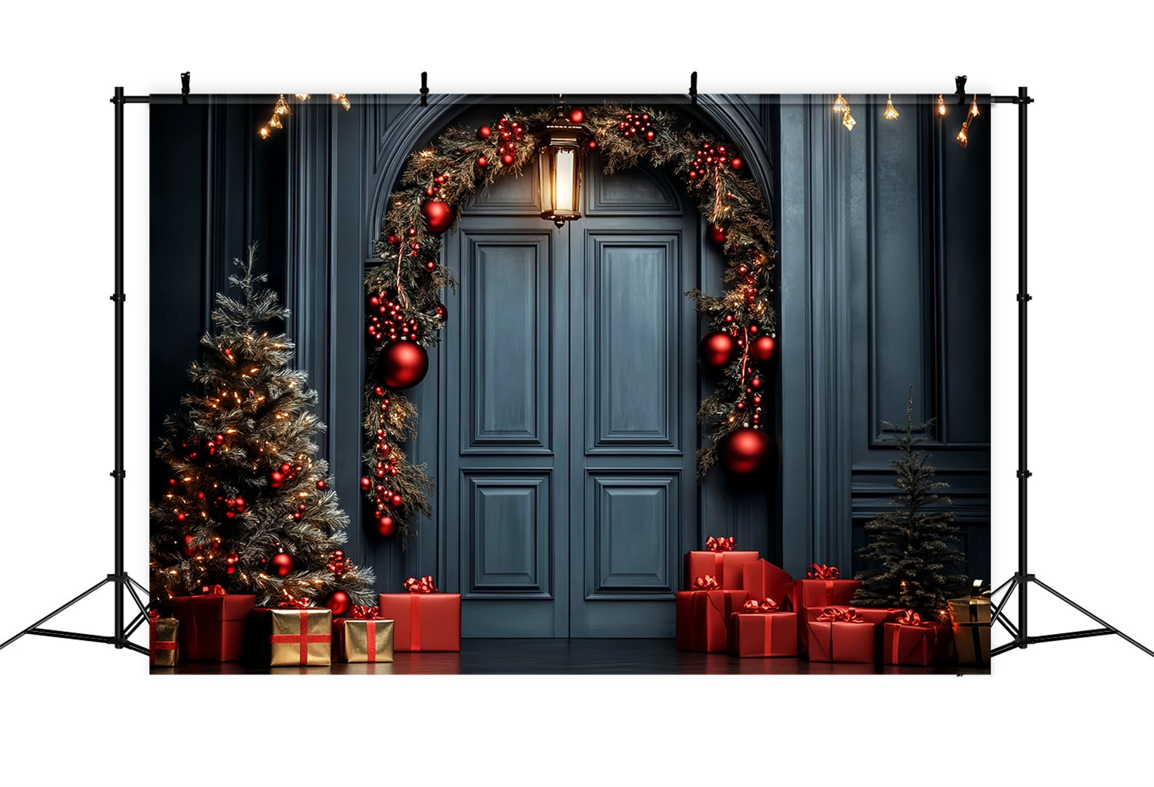 Roter Weihnachtshintergrund Elegante Türgirlande Professionelle Weihnachtshintergründe LXX59-201