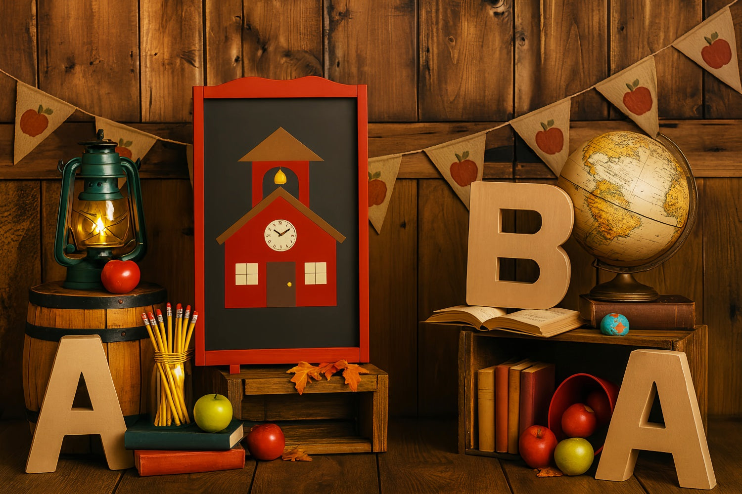 Zurück zur Schule Fotohintergrund Rustikales Klassenzimmer Globus Äpfel Schulfoto-Fotohintergrund LXX59-207