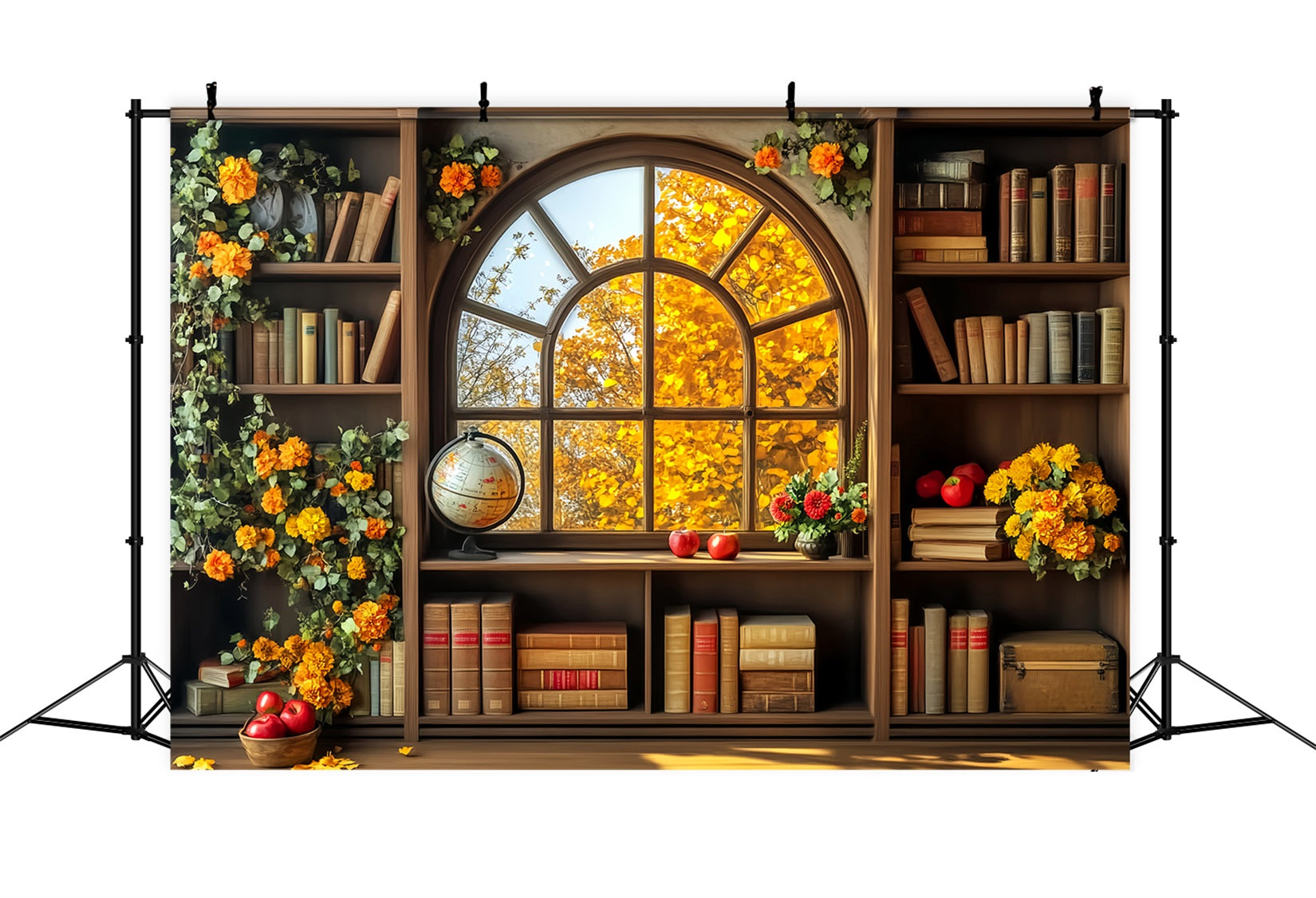 Fotohintergrund für den Schulanfang Herbst Bücherregal Fensterblick Fotohintergrund für Schulklassenraum LXX59-241