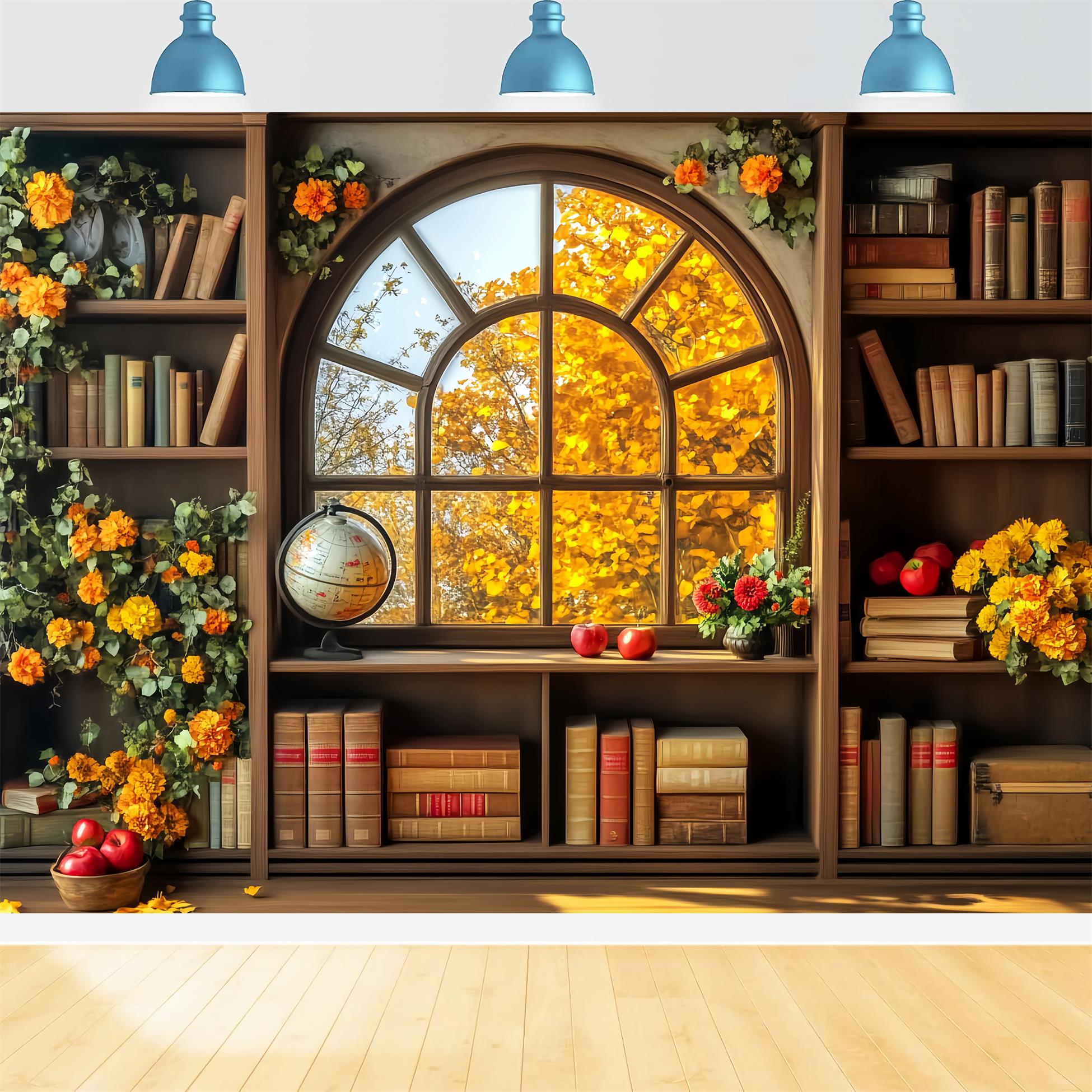 Fotohintergrund für den Schulanfang Herbst Bücherregal Fensterblick Fotohintergrund für Schulklassenraum LXX59-241