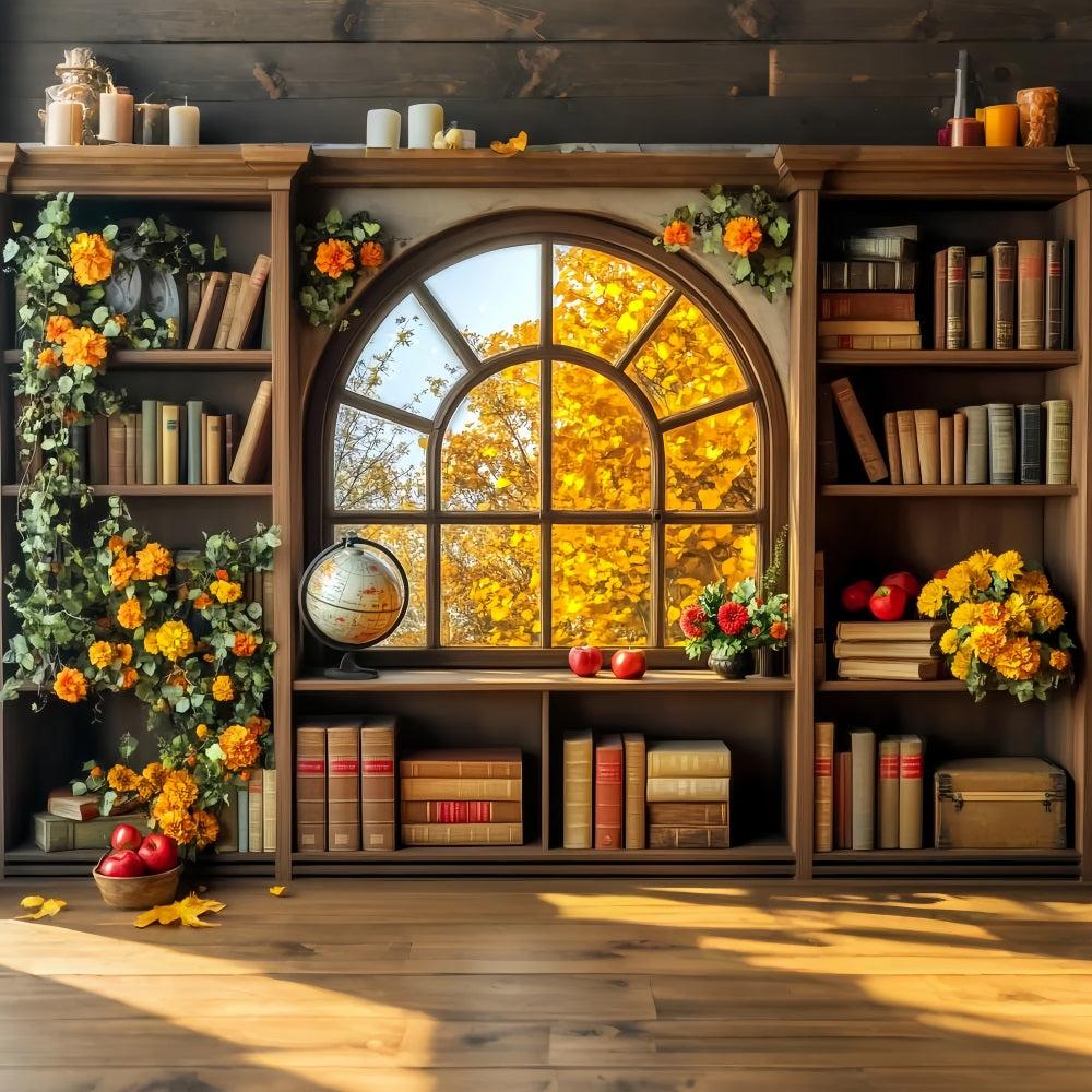 Fotohintergrund für den Schulanfang Herbst Bücherregal Fensterblick Fotohintergrund für Schulklassenraum LXX59-241