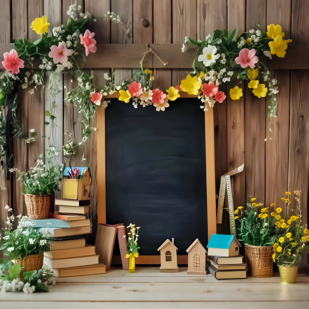 Fotohintergrund für den Schulanfang Blumen-Tafel Bücher-Display Fotohintergründe für den Schulanfang LXX59-248