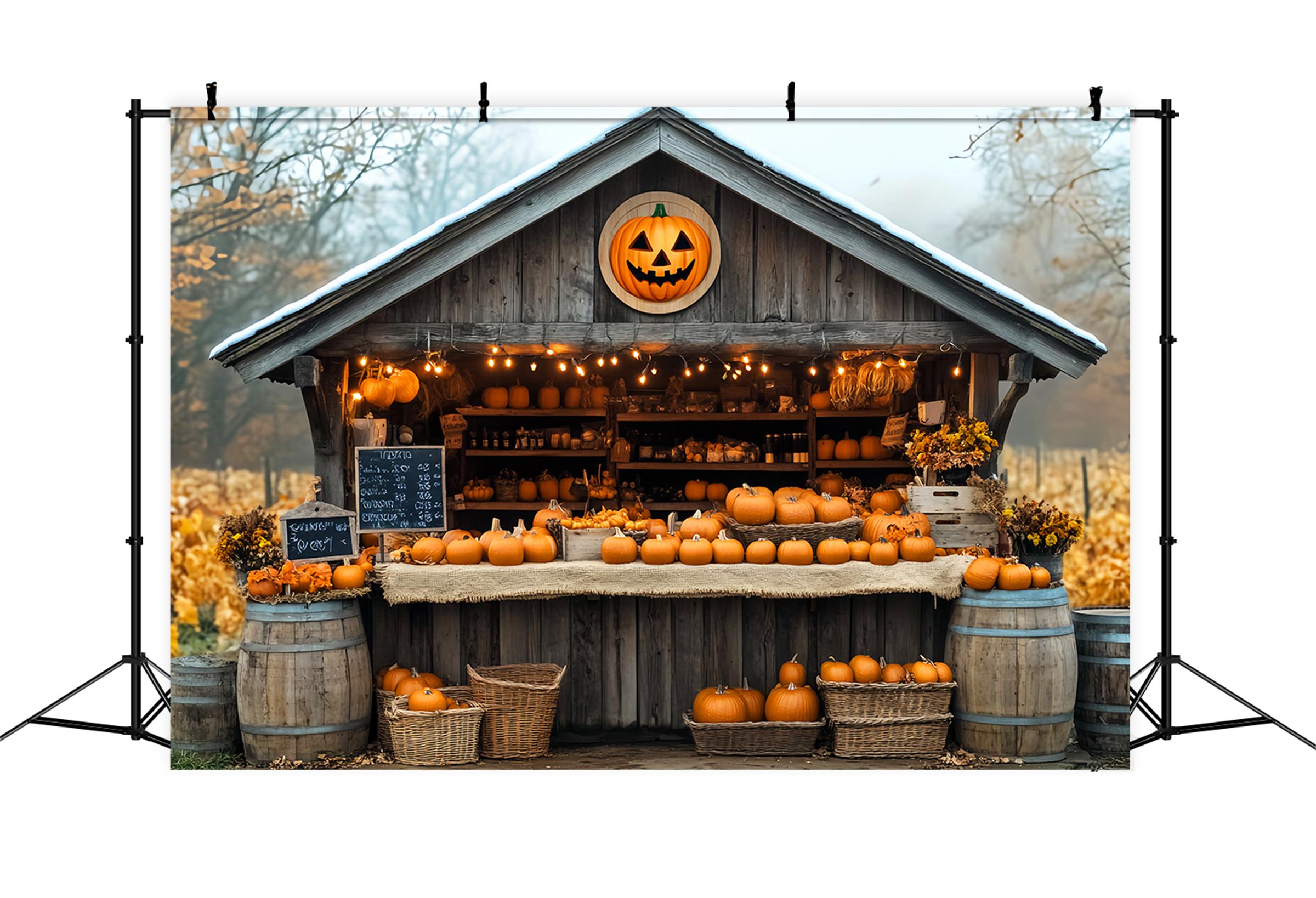 Herbst-Fotohintergrund Kürbismarkt Holzhütte Herbst-Fotohintergrund LXX59-260