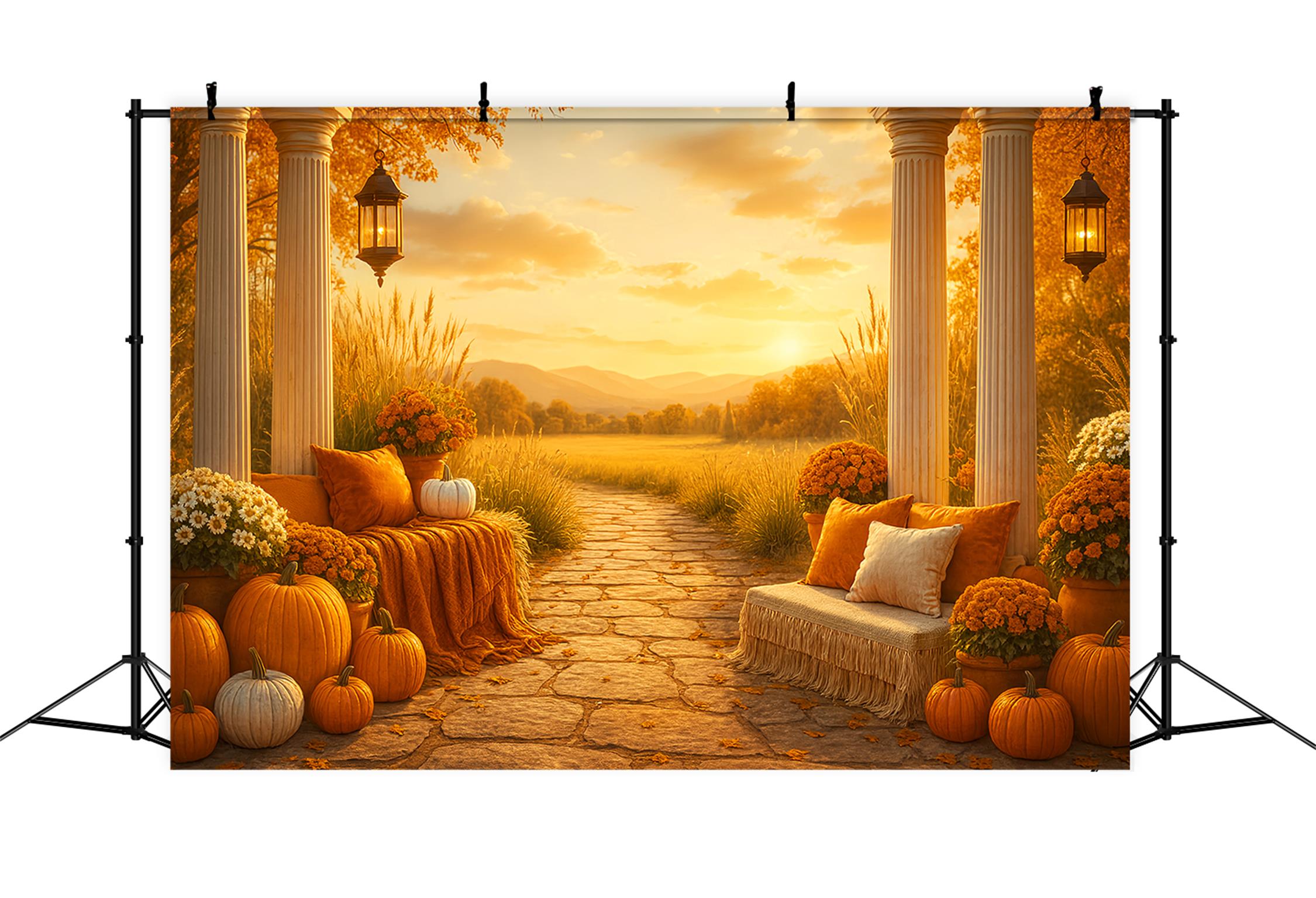 Rustikaler Fotohintergrund Goldener Herbst Sonnenuntergang Veranda Herbst-Studiohintergründe für Fotografie LXX59-276