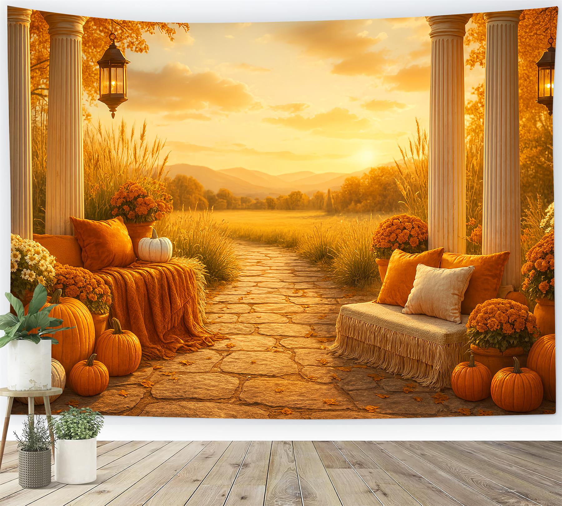 Rustikaler Fotohintergrund Goldener Herbst Sonnenuntergang Veranda Herbst-Studiohintergründe für Fotografie LXX59-276