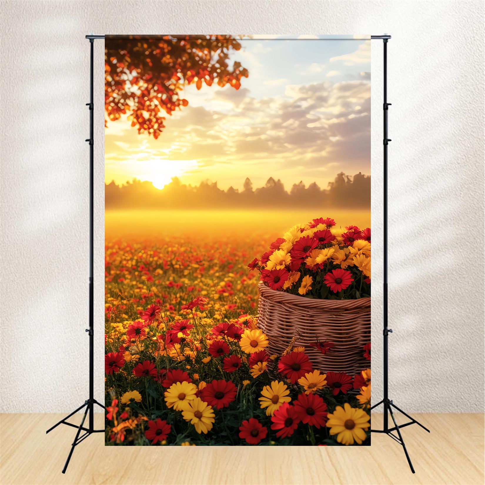 Herbst-Fotohintergrund im Freien Sonnenuntergang über einem Herbstblumenfeld Herbst-Studiohintergründe LXX59-292