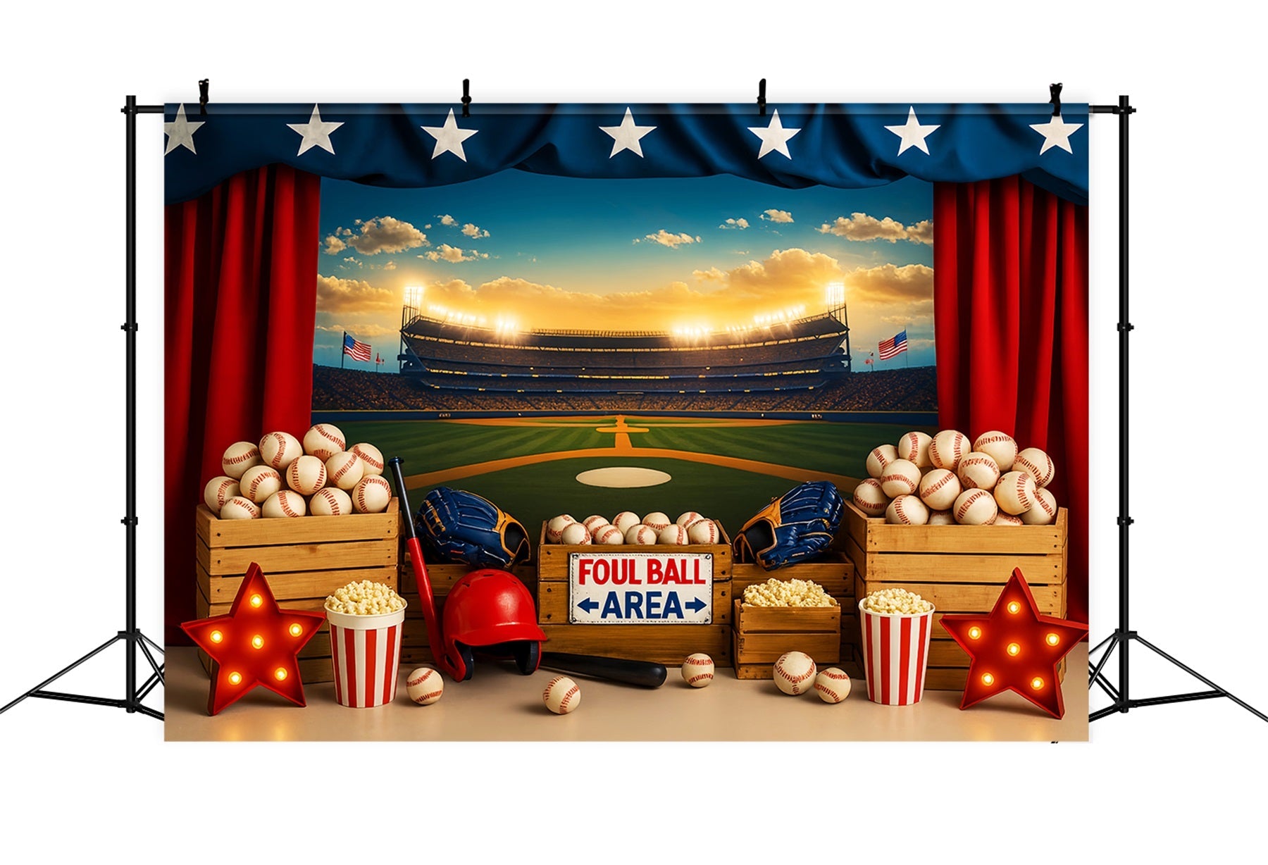 Baseball-Fotohintergrund Baseballstadion Popcorn-Lichter Sport-Fotohintergrund LXX59-298