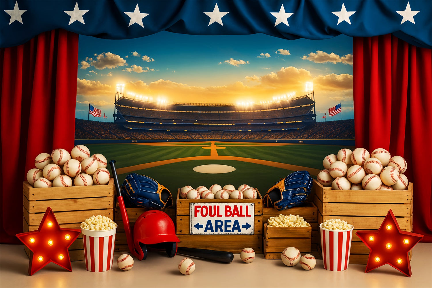 Baseball-Fotohintergrund Baseballstadion Popcorn-Lichter Sport-Fotohintergrund LXX59-298