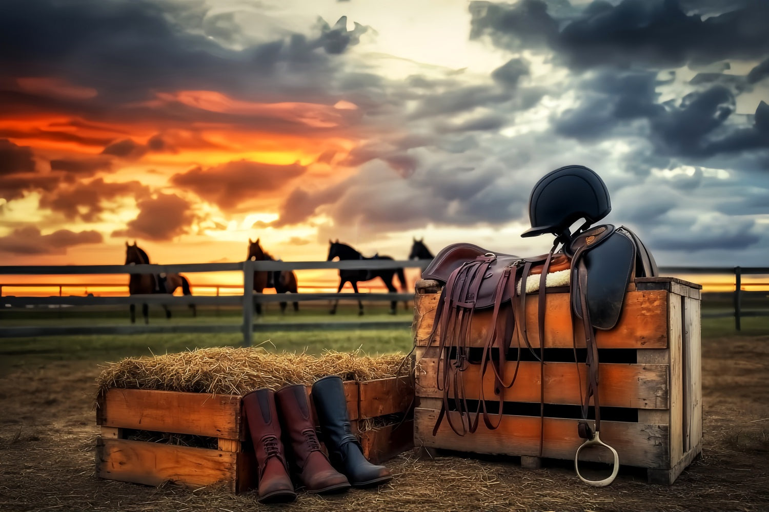Sport-Fotohintergrund Reitsport Sonnenuntergang Reitausrüstung Sport-Studiohintergründe LXX59-312