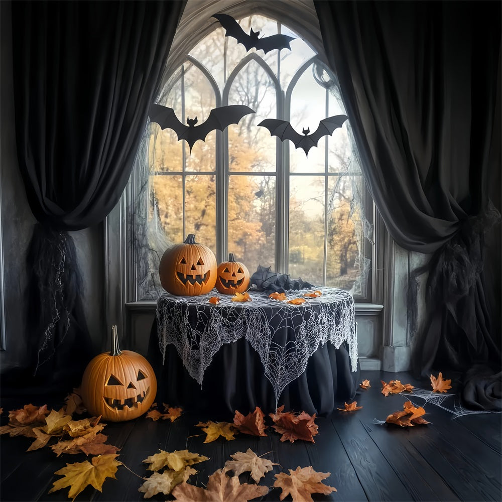 Fledermaus Fotohintergrund Spinnennetz Tisch Kürbis-Fledermäuse Halloween-Fotokabinen Fotohintergrund LXX59-83