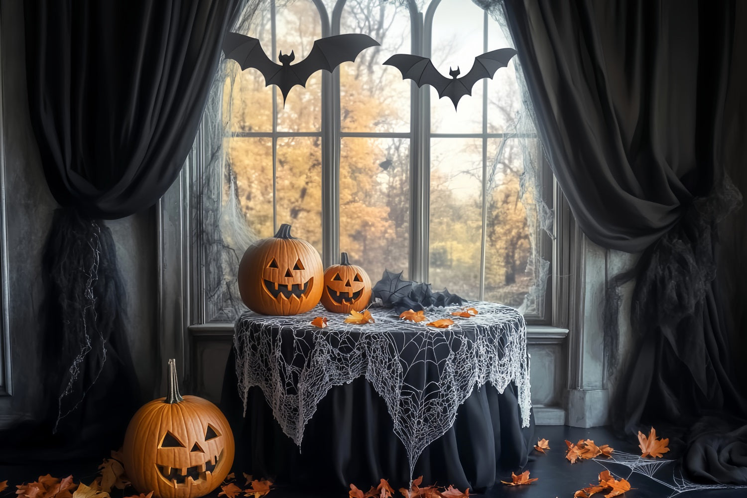 Fledermaus Fotohintergrund Spinnennetz Tisch Kürbis-Fledermäuse Halloween-Fotokabinen Fotohintergrund LXX59-83