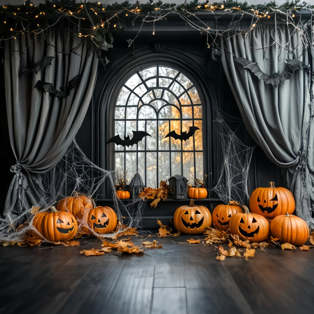 Halloween Spinnen Fotohintergrund Kürbis-Fledermäuse Spinnennetz-Fenster Halloween-Hintergründe LXX59-84