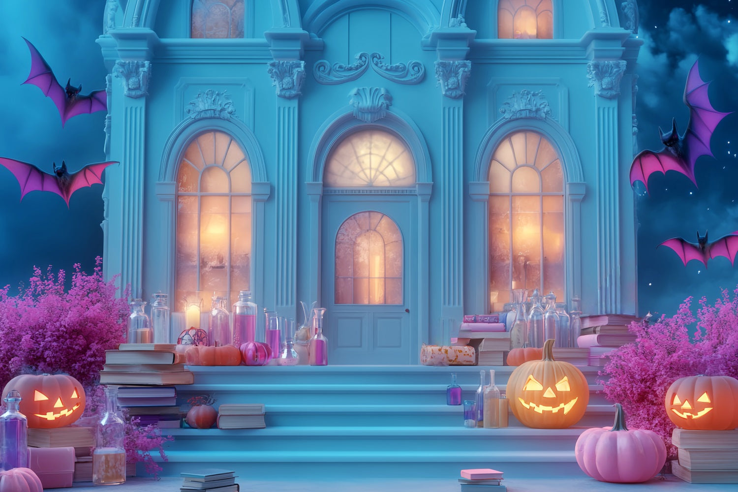 Halloween Fledermaus Fotohintergrund Spukhaus Kürbis-Treppe Halloween Fotohintergrund LXX59-94