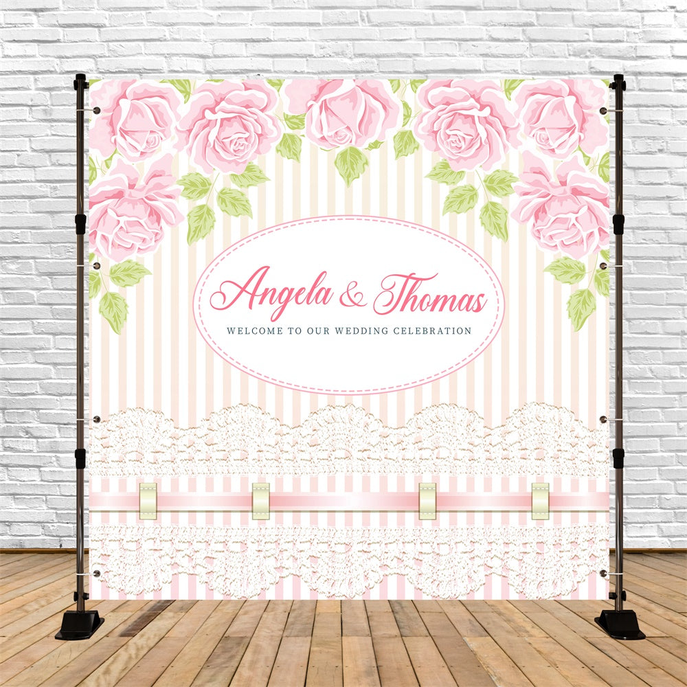 Personalisierte Kulisse für Hochzeit Spitze Streifen Rose Kulisse LXX6-136