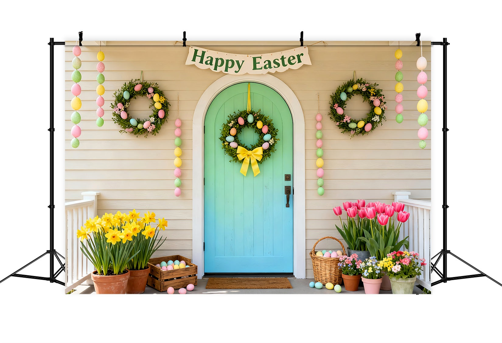 Frohe Ostern Hintergrund Minztür Pastellkranz Veranda Osterbild Hintergründe LXX61-103