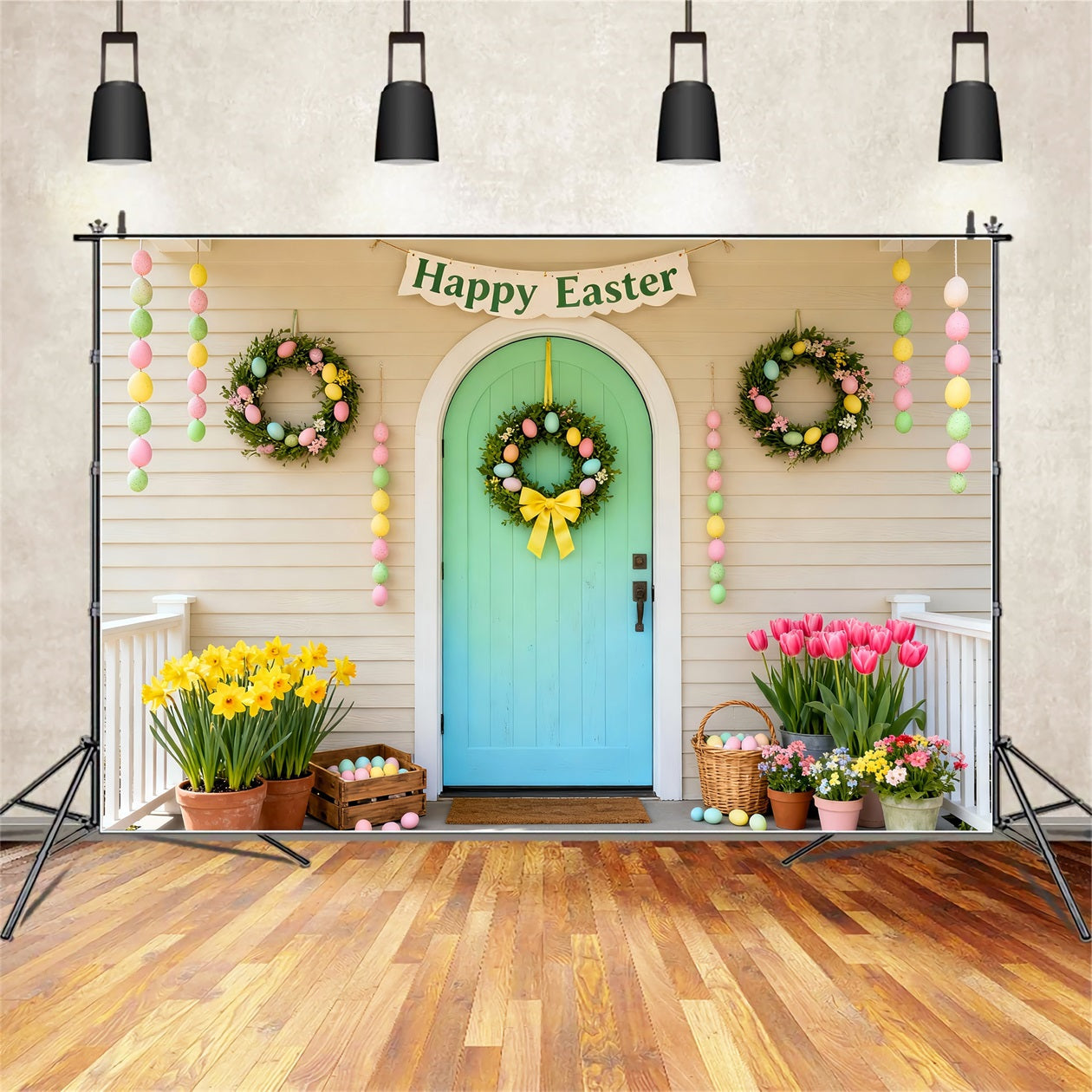 Frohe Ostern Hintergrund Minztür Pastellkranz Veranda Osterbild Hintergründe LXX61-103