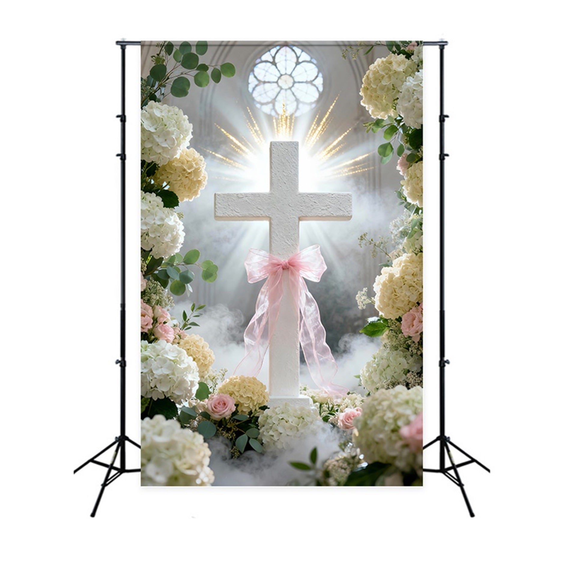 Kreuz und Lilien Hintergrund Kirchenfenster Rosa Schleifenblumen Frohe Ostern Hintergrund LXX61-108