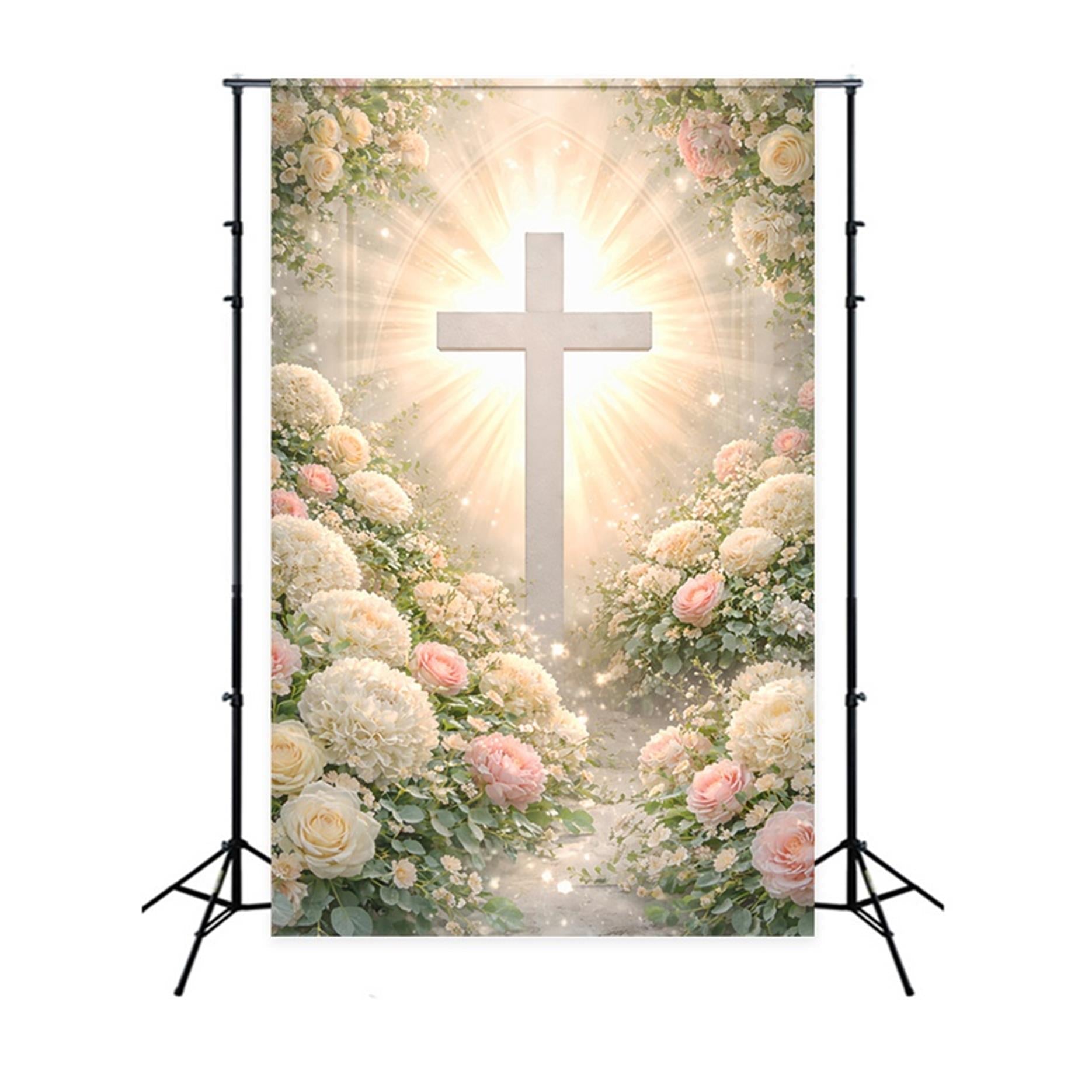 Kreuz und Lilien Hintergrund Blumenbogen Religiöse Sonnenstrahlen Frohe Ostern Hintergrund LXX61-109