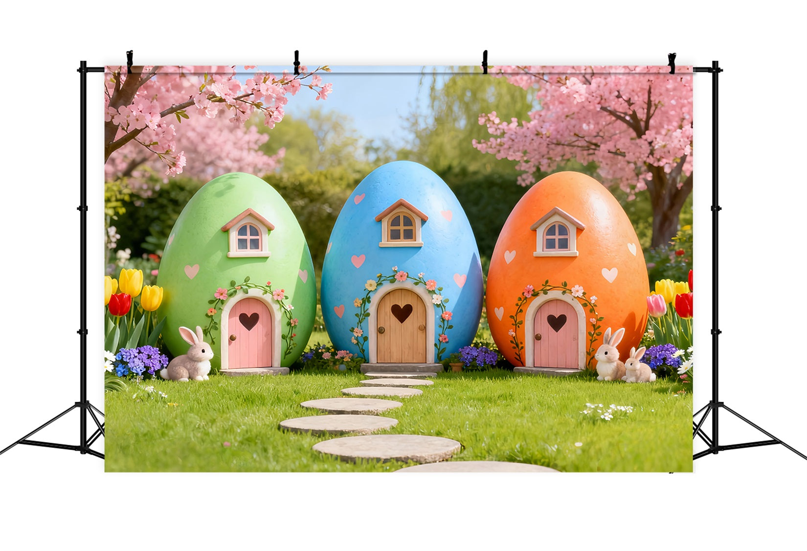 Osterhasen-Hintergrund Niedliches Haus Hase Kirschblüte Tulpen-Hintergrund Ostern LXX61-114