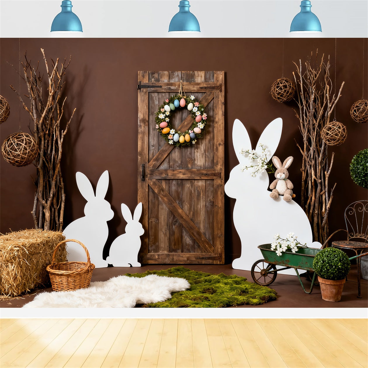 Osterhasen-Silhouette-Hintergrund Rustikaler Holztür-Kranz-Hintergrund für Ostern LXX61-116