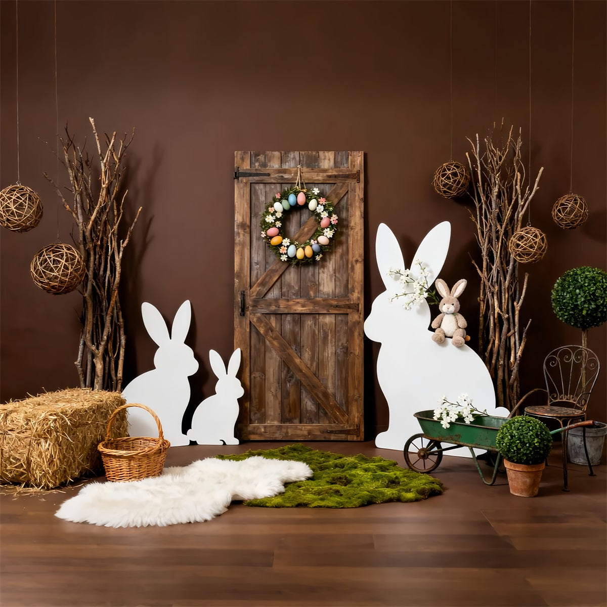 Osterhasen-Silhouette-Hintergrund Rustikaler Holztür-Kranz-Hintergrund für Ostern LXX61-116