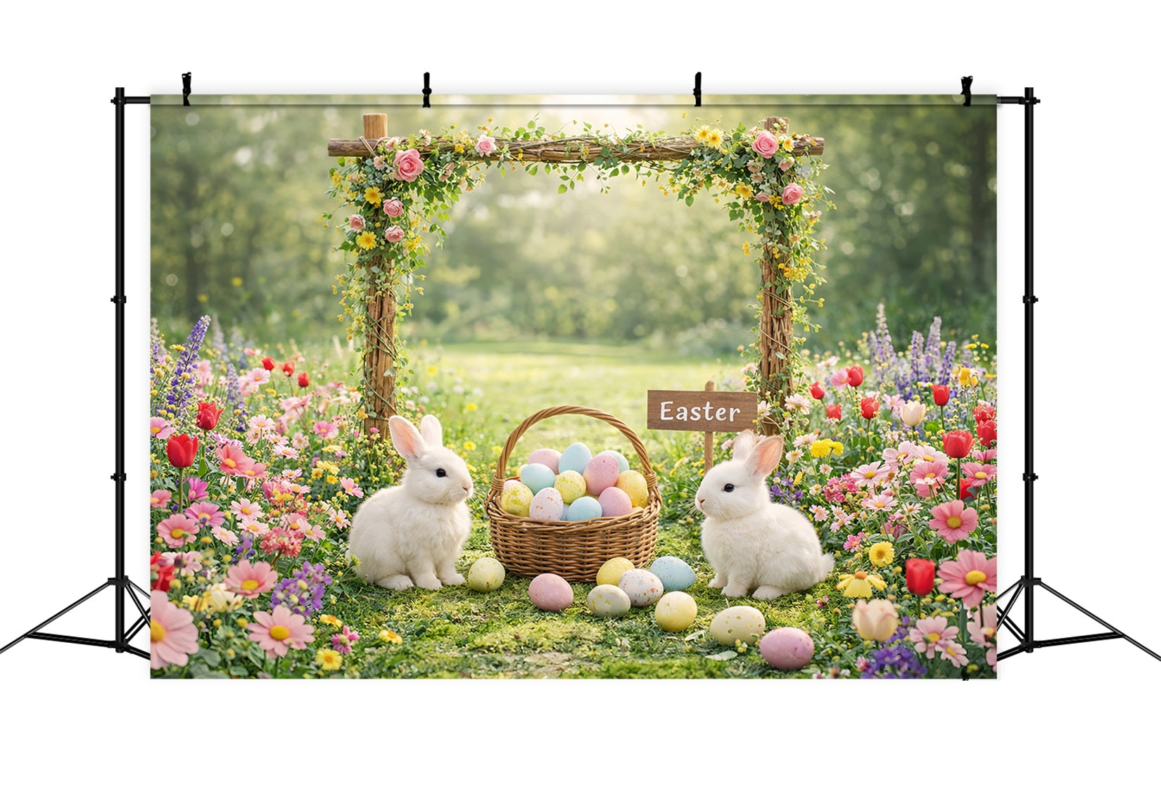 Hintergrund mit Osterhasen, Garten, Blumenbogen und Haseneiern für Ostern LXX61-118