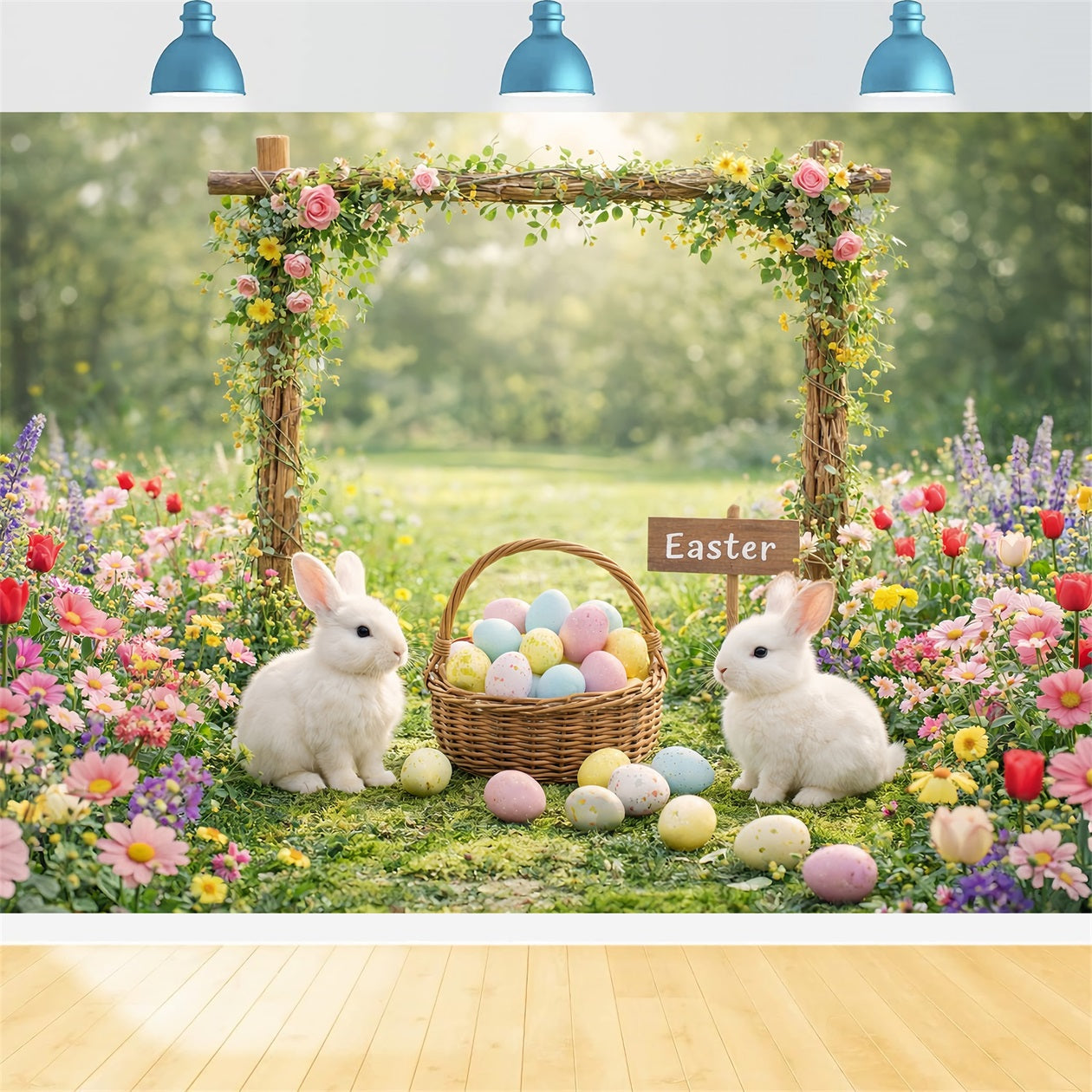 Hintergrund mit Osterhasen, Garten, Blumenbogen und Haseneiern für Ostern LXX61-118