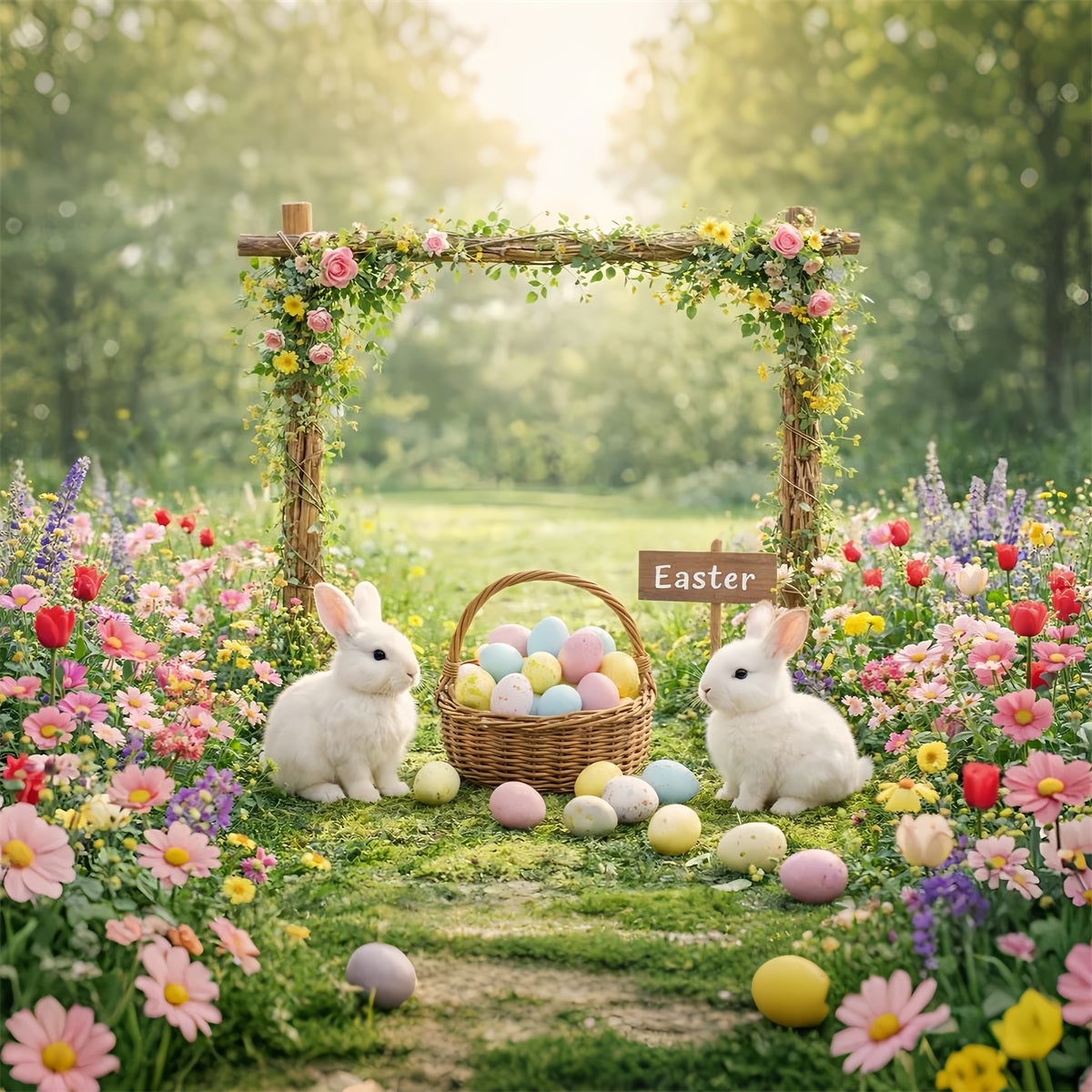 Hintergrund mit Osterhasen, Garten, Blumenbogen und Haseneiern für Ostern LXX61-118