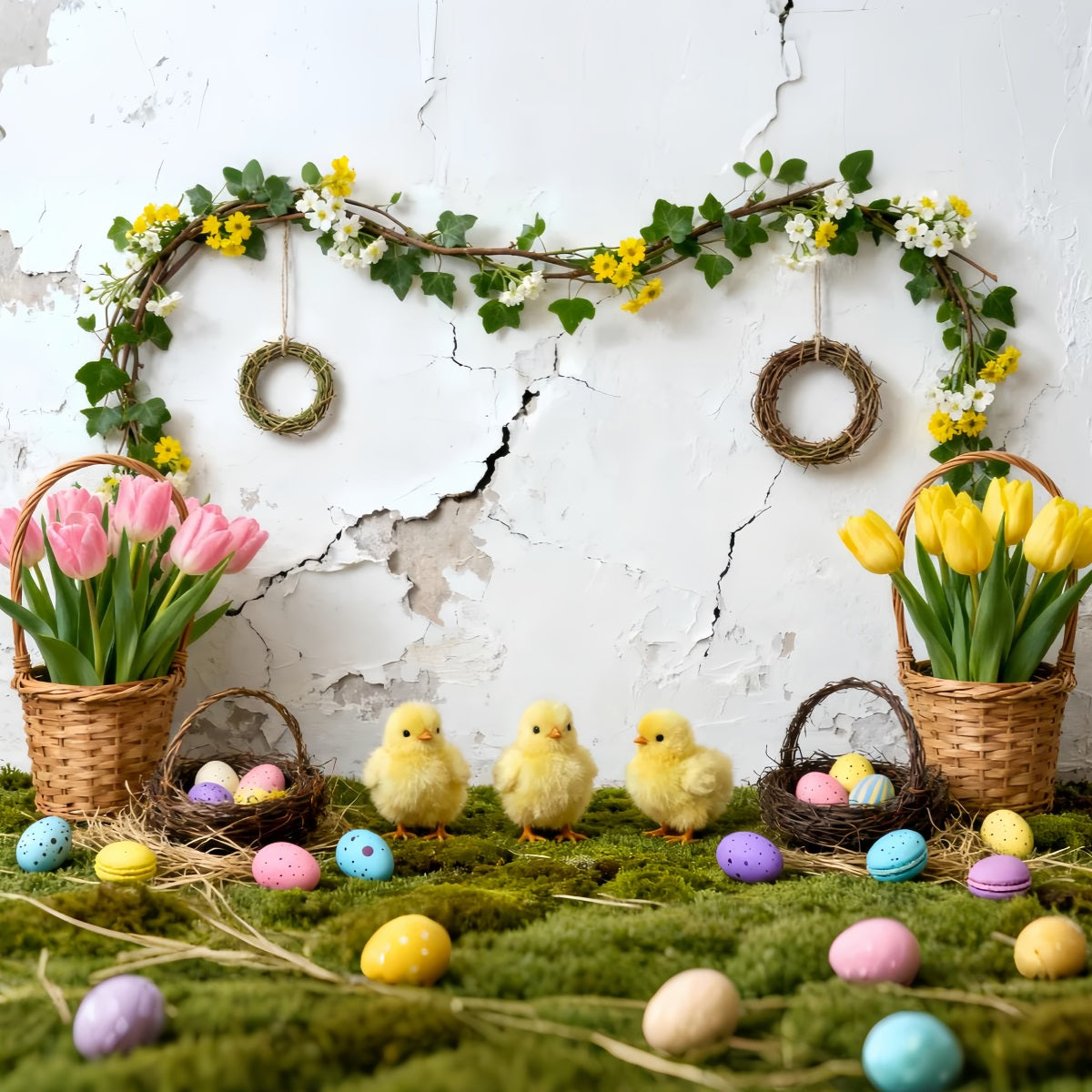 Hintergrund mit Osterküken, Tulpen, Eiern, Körben und Kranz für Ostern LXX61-119