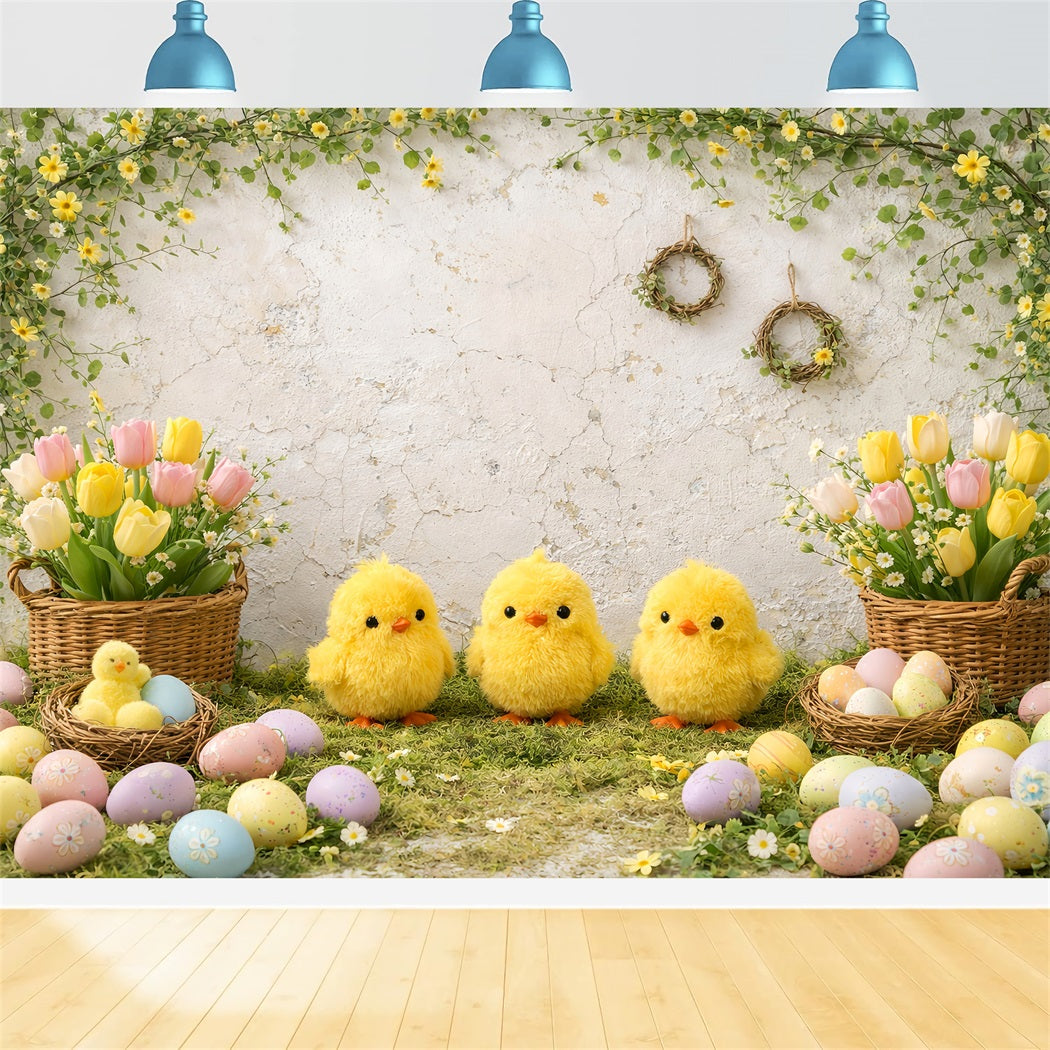 Hintergrund mit Osterküken, Tulpen, Eiern und Blumenbogen für Ostern LXX61-120