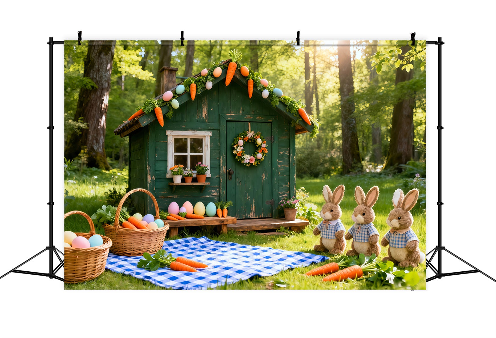 Osterkarotten-Hintergrund Grüne Hütte Hasen Karotten Picknick Osterfotografie-Hintergrund LXX61-122