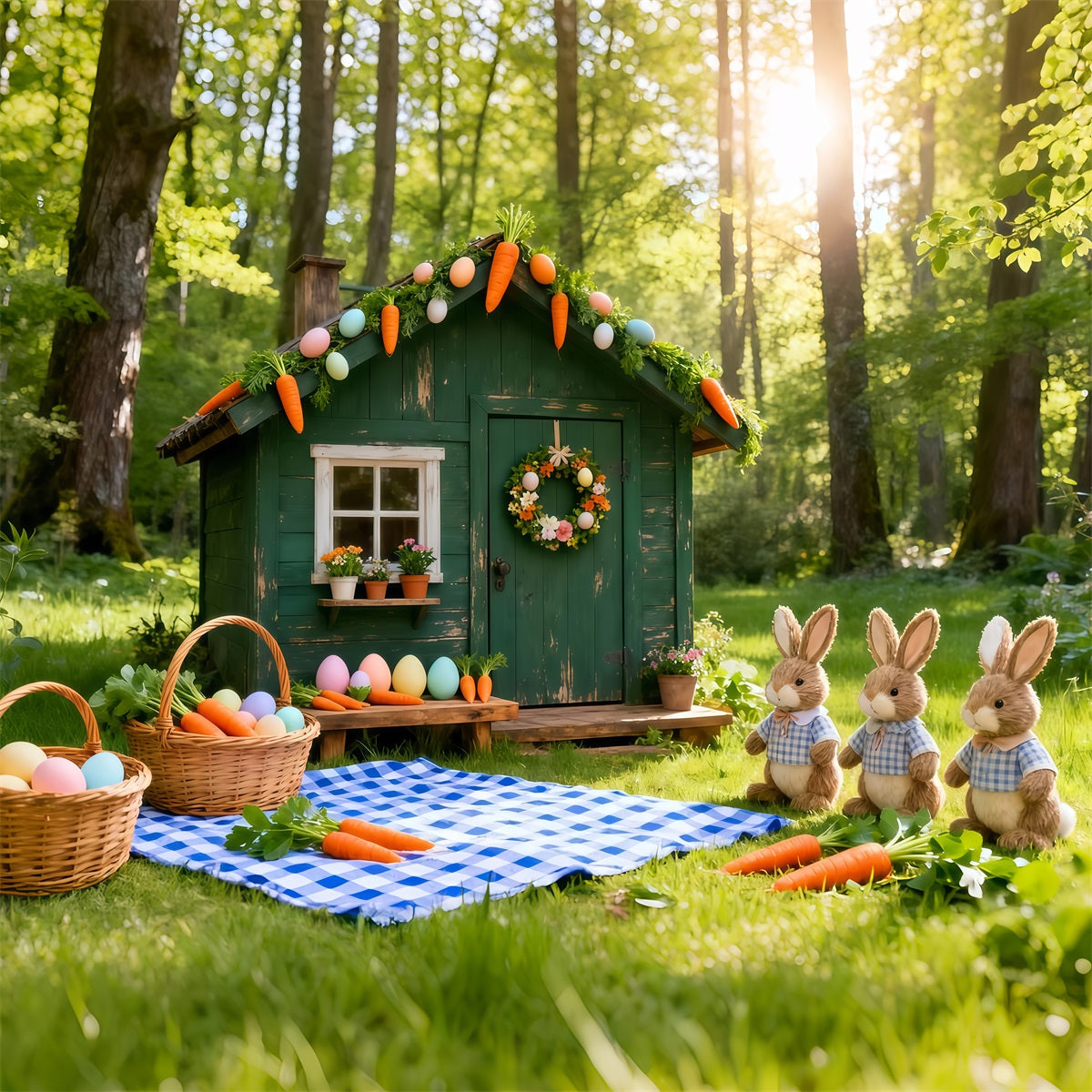 Osterkarotten-Hintergrund Grüne Hütte Hasen Karotten Picknick Osterfotografie-Hintergrund LXX61-122