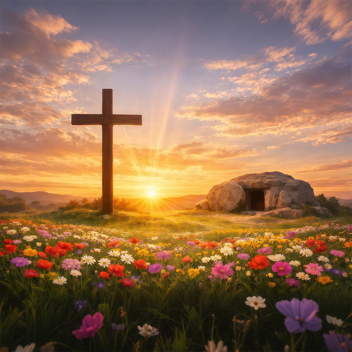 Er ist auferstanden Hintergrund Kreuz Grab Blumenfeld Ostern Fotografie Hintergründe LXX61-141