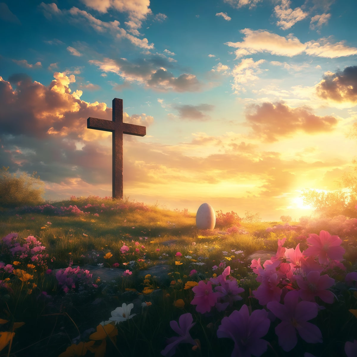 Christlicher Ostern Hintergrund Er ist auferstanden Kreuz Wiese Ostern Hintergrund für Fotografie LXX61-142