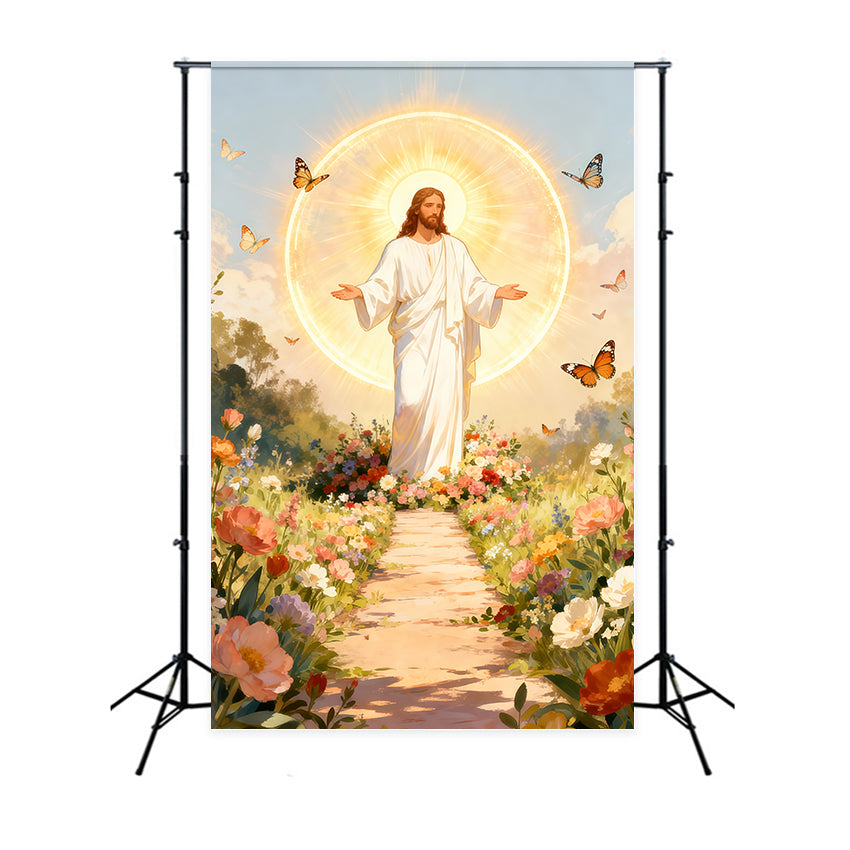 Christlicher Oster-Hintergrund Er ist auferstanden Schmetterlingsblüte Oster-Fotohintergründe LXX61-147