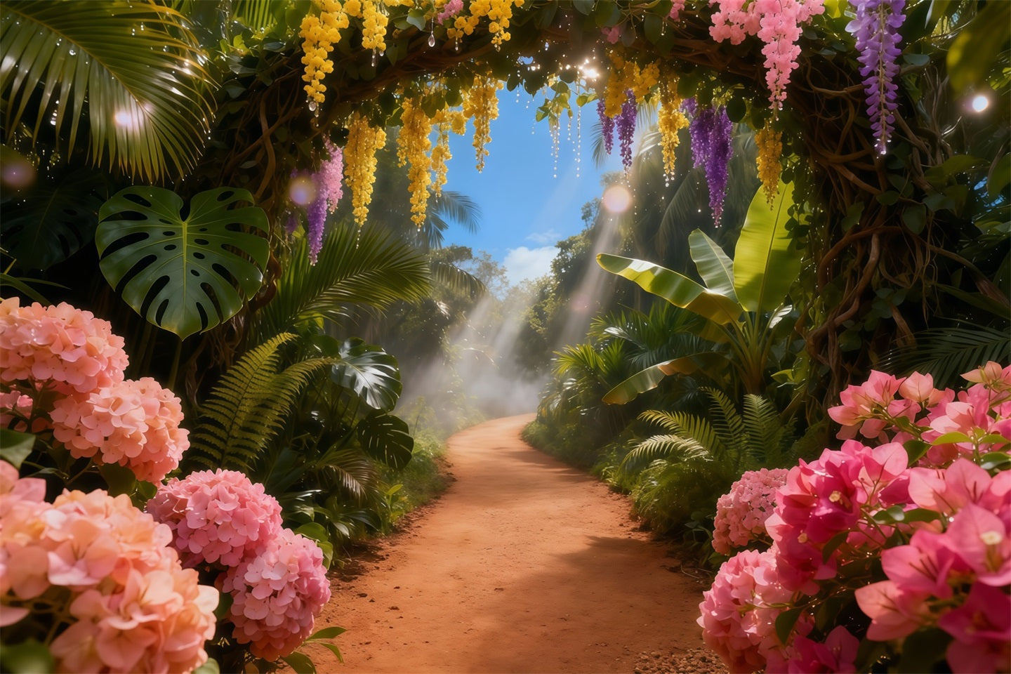 Gartenhintergrund Sonniger tropischer Blumenweg Frühlingsfotohintergrund LXX61-152