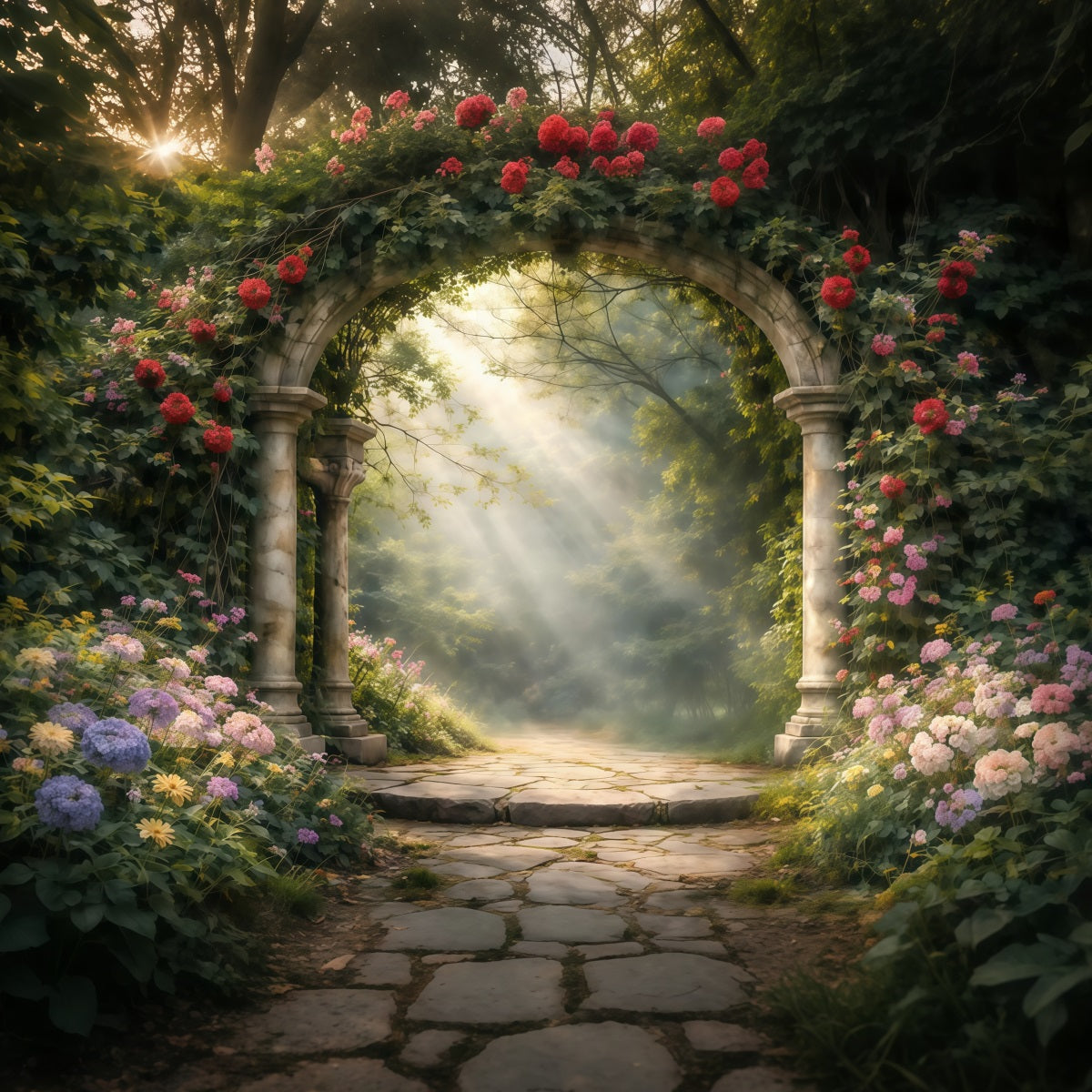 Verzauberter Gartenhintergrund Romantischer Steinbogen Wildblumen Frühlingshintergründe LXX61-154