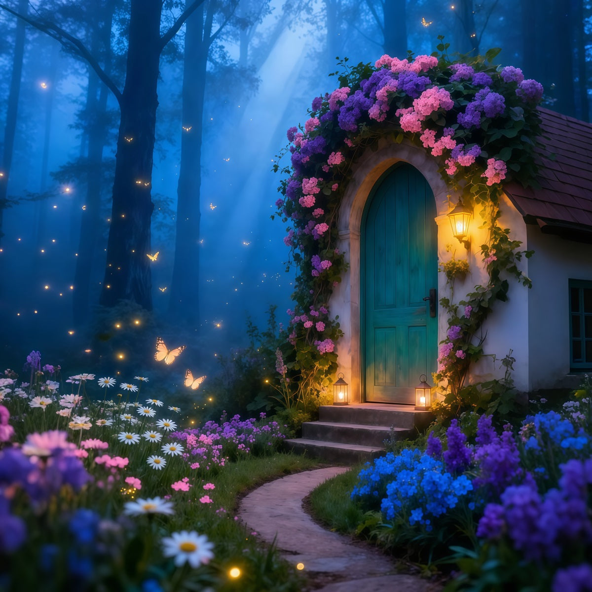 Schmetterlingshintergrund für Fotoshootings Verzauberte Hütte Laternenlicht Frühlingsfotografie-Hintergründe LXX61-159