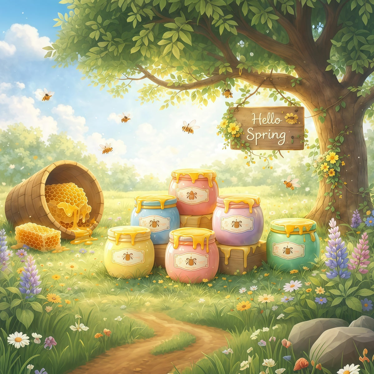 Bienenhintergrund Honigglas Gartenillustration Hintergrund Frühling LXX61-165