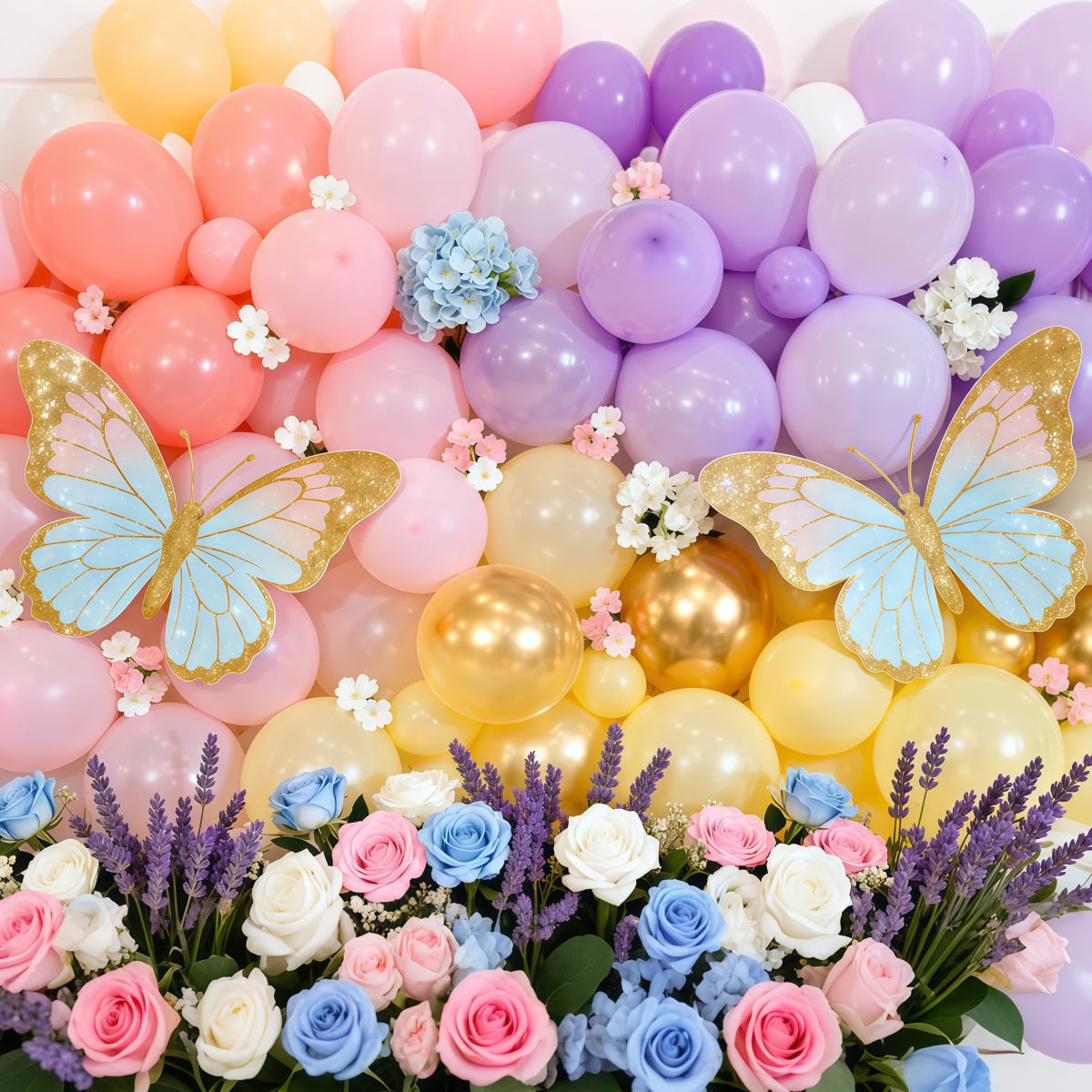 Schmetterlingsflügel-Hintergrund Macaron-Ballonwand Blumen Frühlingsmotiv-Hintergrund LXX61-172