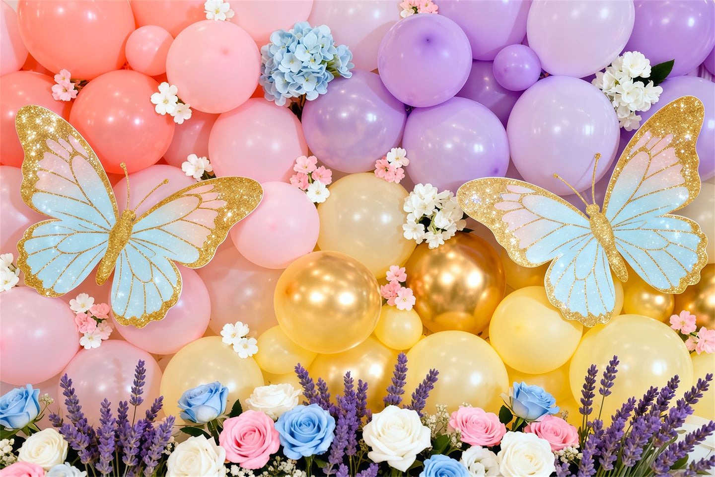 Schmetterlingsflügel-Hintergrund Macaron-Ballonwand Blumen Frühlingsmotiv-Hintergrund LXX61-172