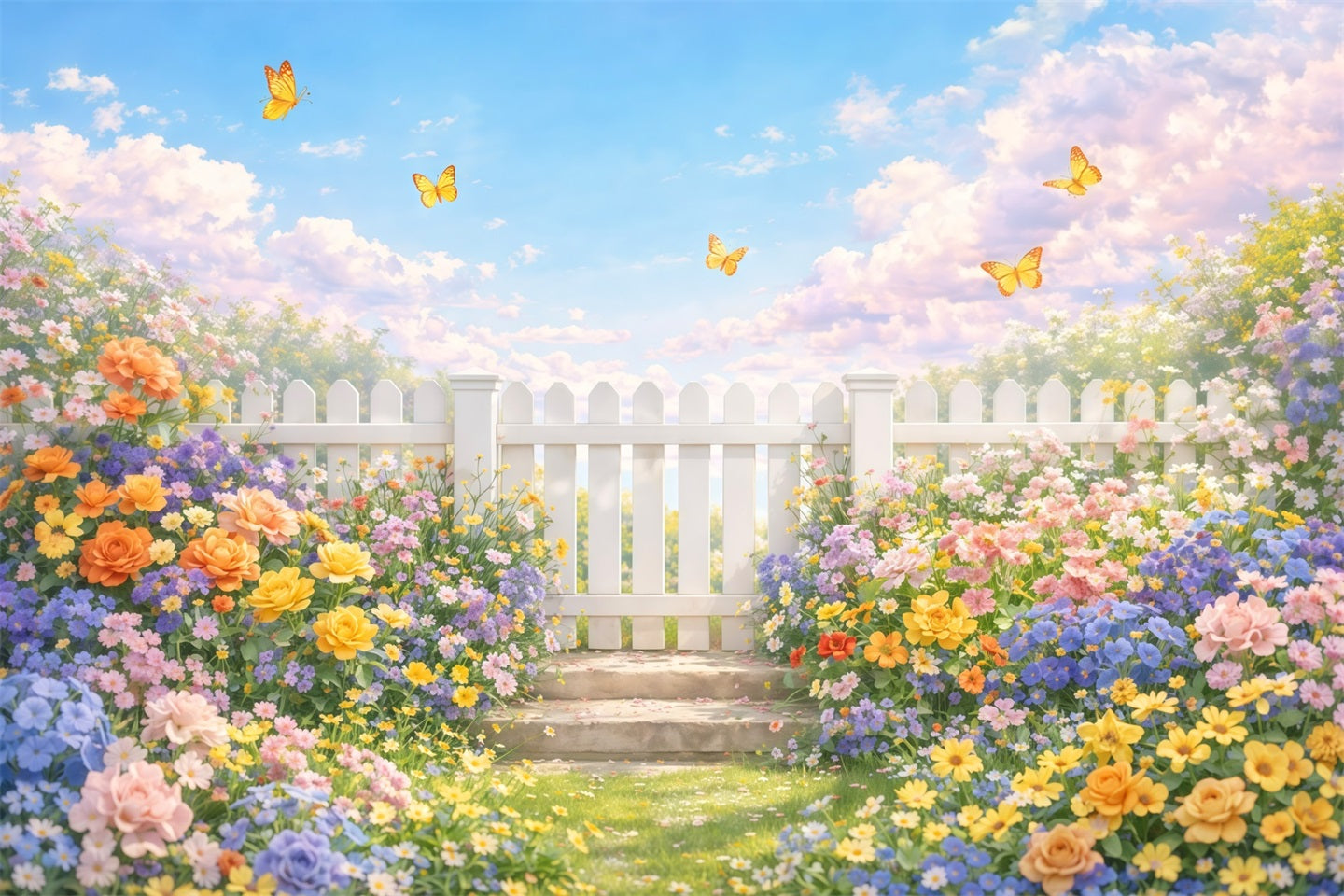 Wildblumen-Hintergrund Weißer Zaun Garten Schmetterling Blumen-Fotohintergrund LXX61-179