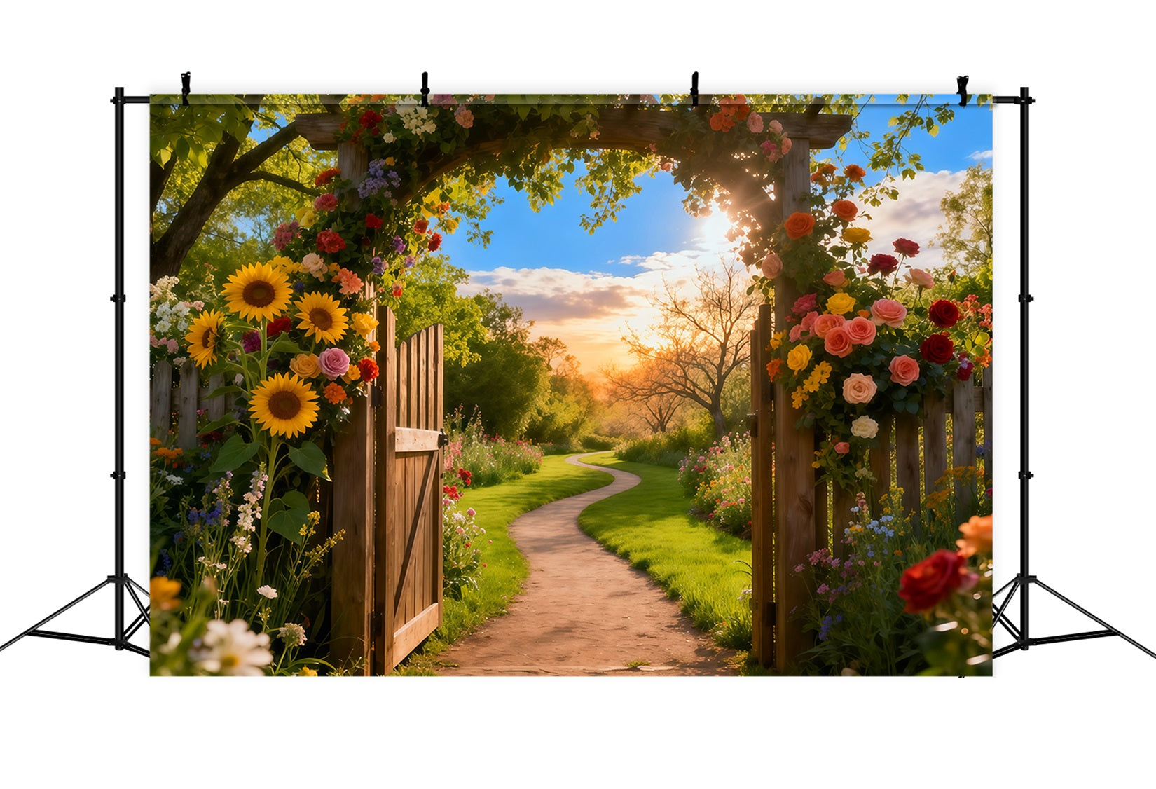 Garten-Fotohintergrund Sonnenuntergang Rustikaler Bogen Tür Weg Blumenhintergründe LXX61-180